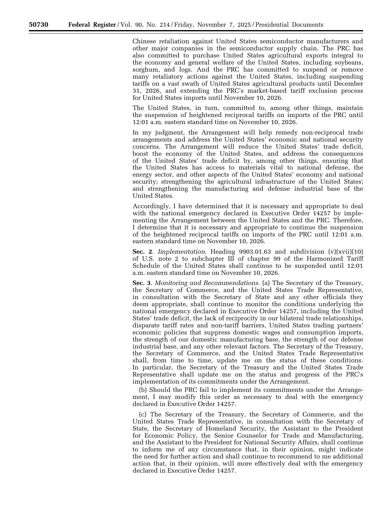 Executive Order 14358, Federal Register page 50730, showing the November 10, 2026 suspension date and Section 3(b)