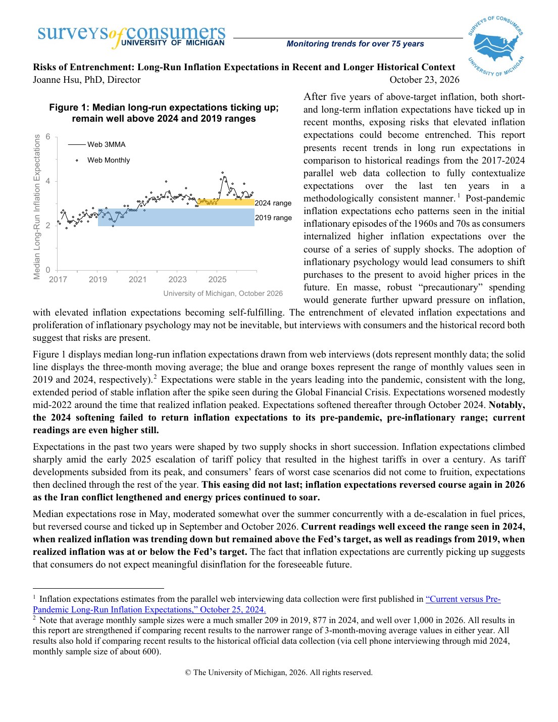 First page of the University of Michigan Surveys of Consumers special report on long-run inflation expectations, October 23, 2026