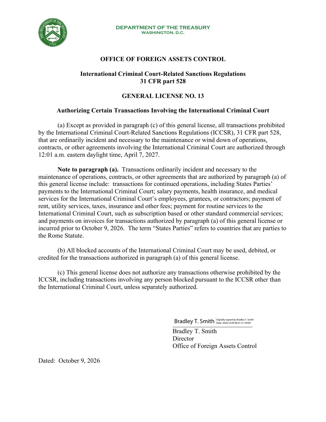General License No. 13 issued by the Treasury Department's Office of Foreign Assets Control on Oct. 9, 2026, showing the April 7, 2027 expiration