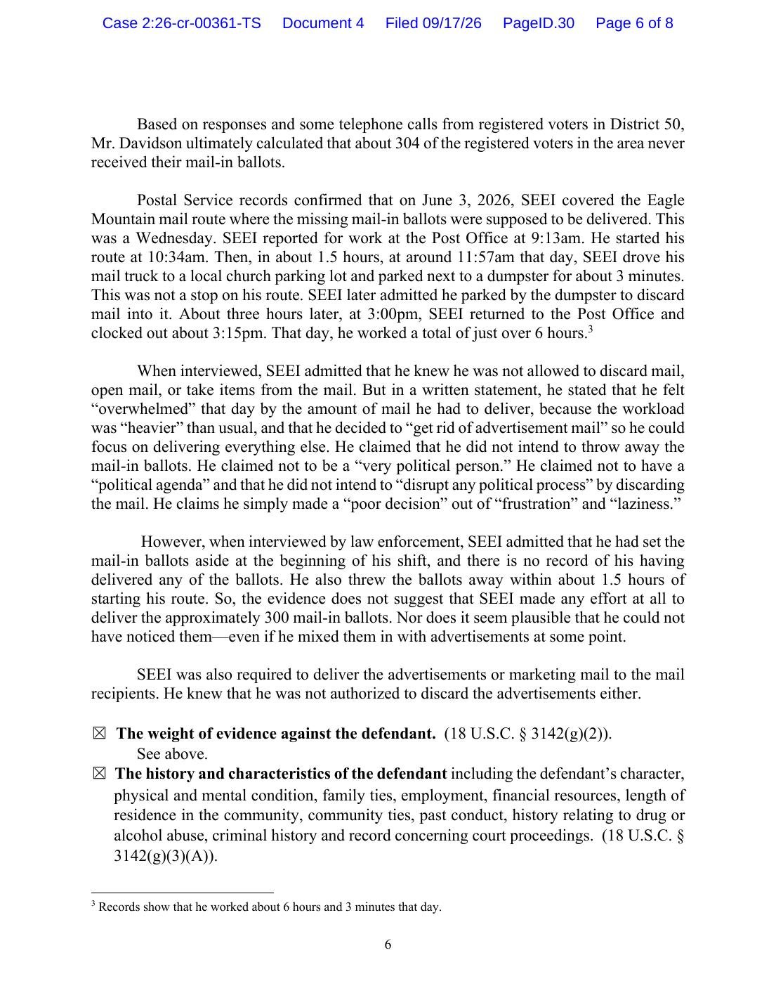 Page 6 of the United States' detention filing in United States v. Seei, showing the June 3, 2026 route timeline