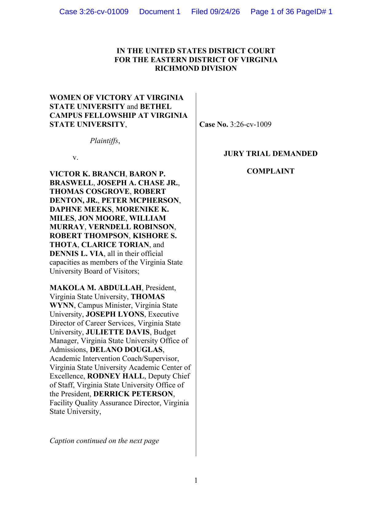 Page 1 of the complaint in Women of Victory at Virginia State University v. Branch, Case No. 3:26-cv-01009, U.S. District Court for the Eastern District of Virginia