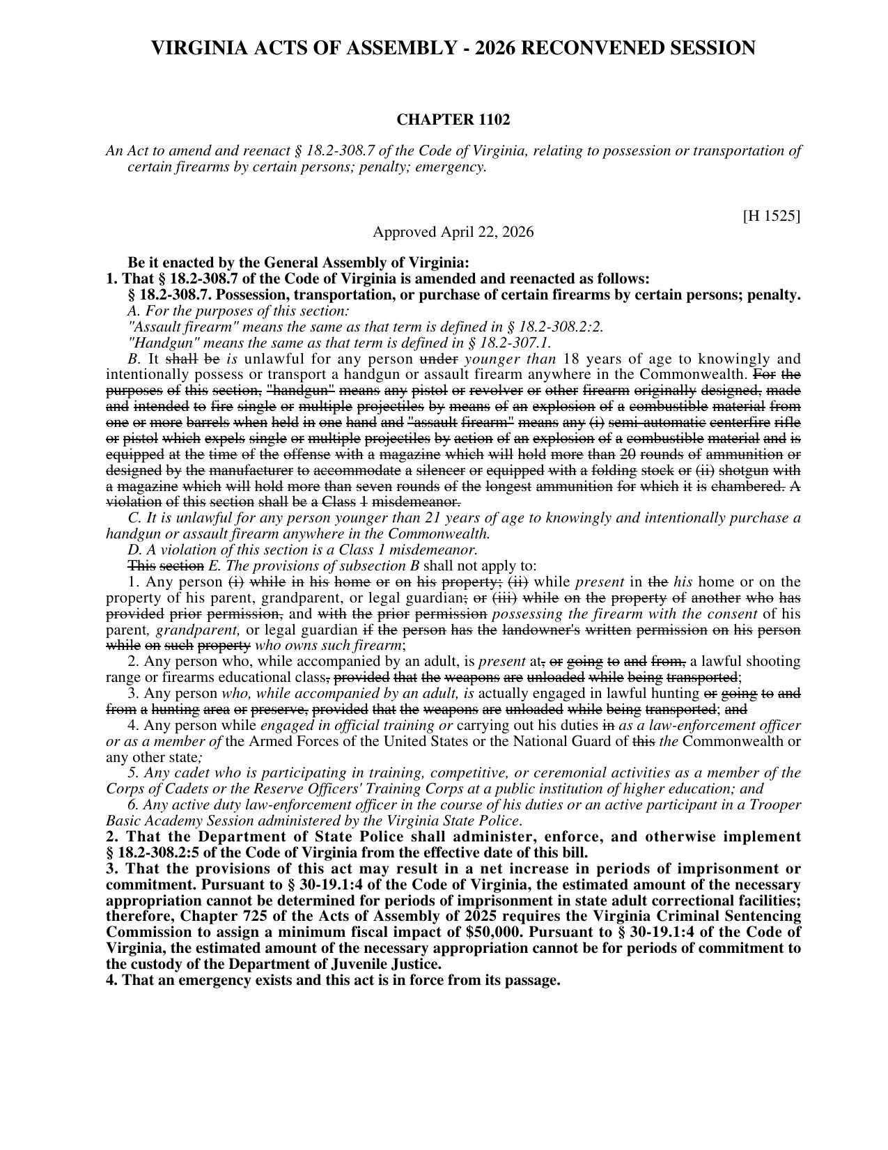 Chapter 1102 of the 2026 Virginia Acts of Assembly, HB 1525, showing new subsections C and E