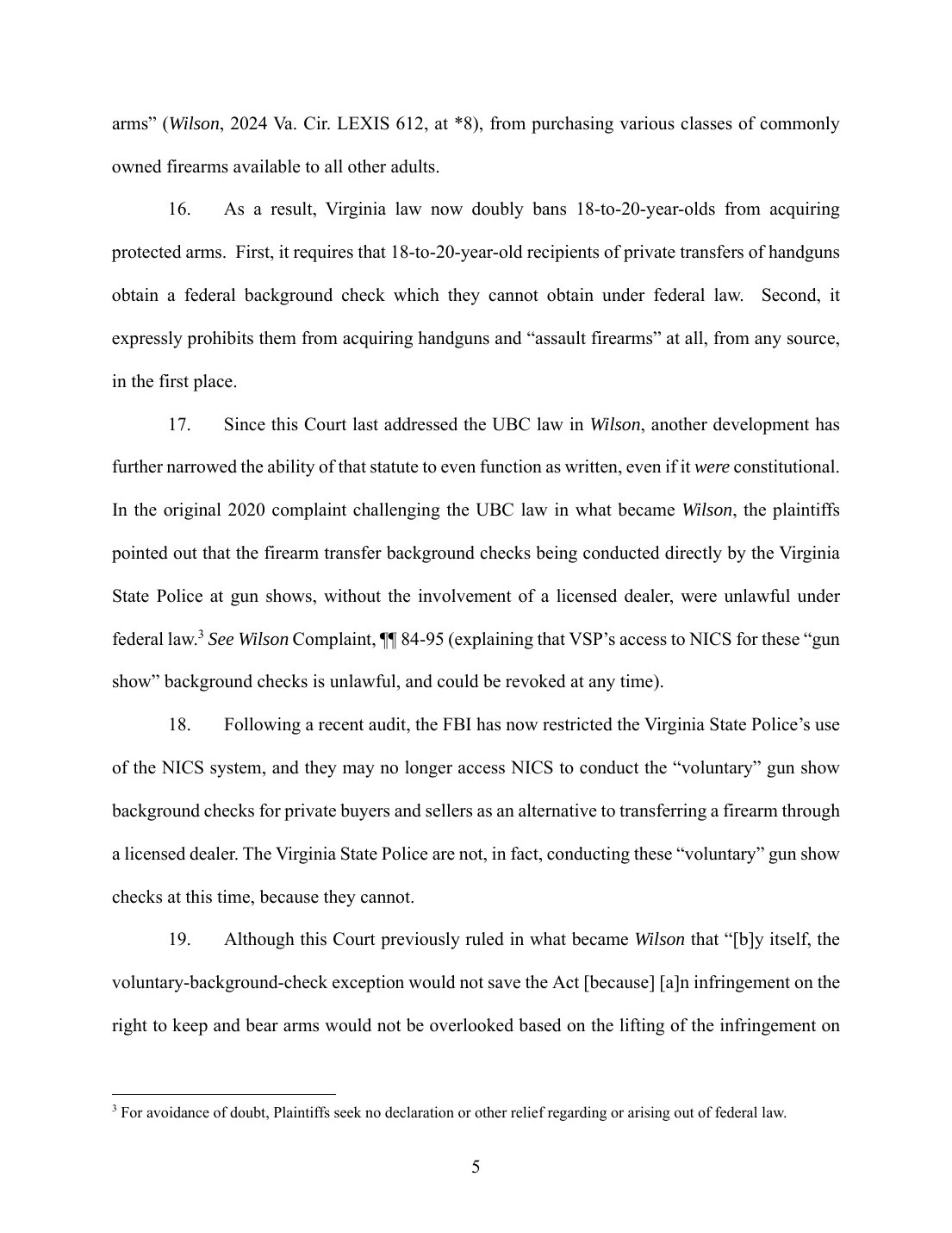 Page 5 of the Boyer v. Katz complaint, paragraphs 16 through 19, describing the FBI audit of Virginia State Police NICS access
