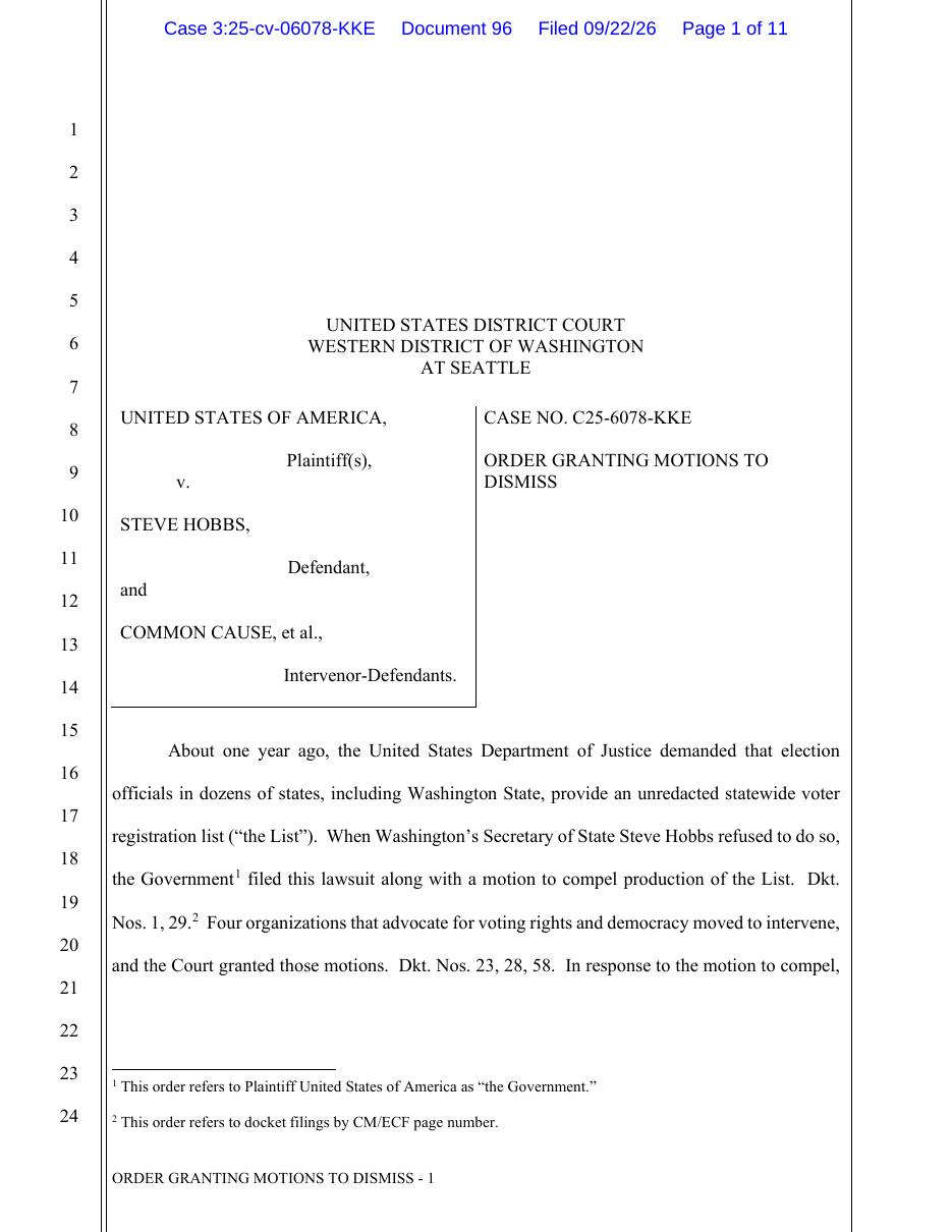 First page of the order granting motions to dismiss in United States v. Hobbs, W.D. Wash.