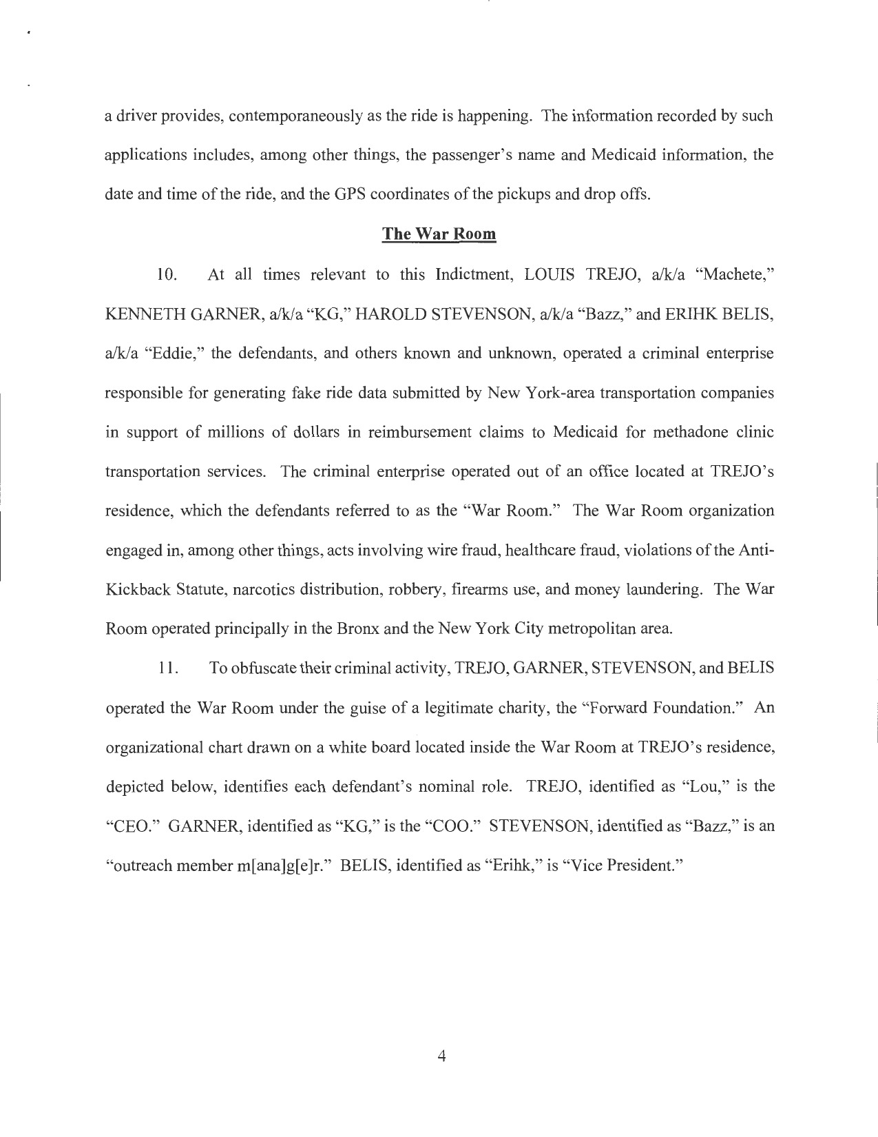 Page 4 of the sealed indictment in United States v. Trejo, Case No. 26 Cr. 357, describing the War Room enterprise and the Forward Foundation