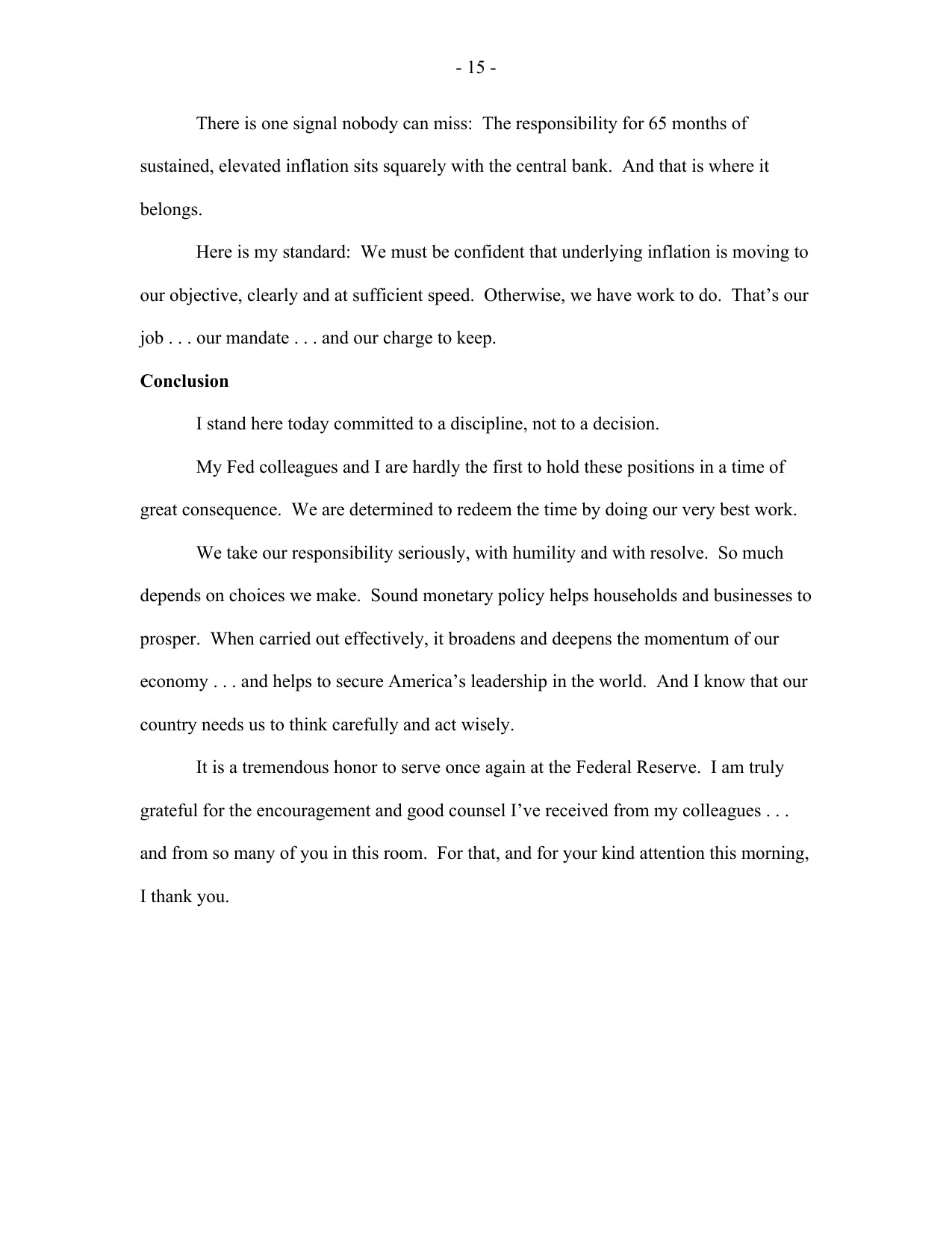 Page 15 of Federal Reserve Chairman Kevin Warsh's Jackson Hole speech In Our Time, carrying the passage on 65 months of elevated inflation and the phrase we have work to do