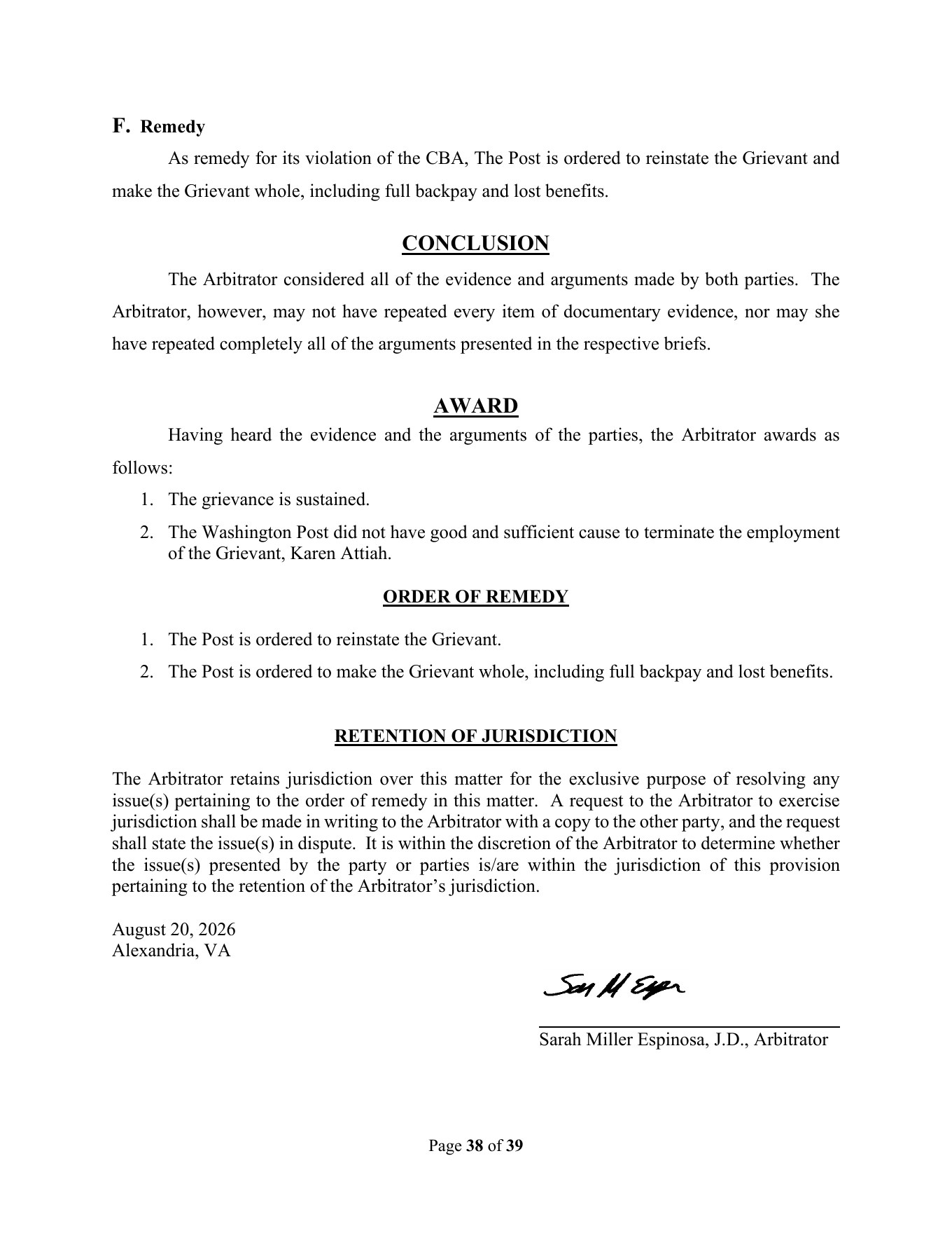 Page 38 of the arbitration decision, showing the Award and Order of Remedy signed by arbitrator Sarah Miller Espinosa on August 20, 2026