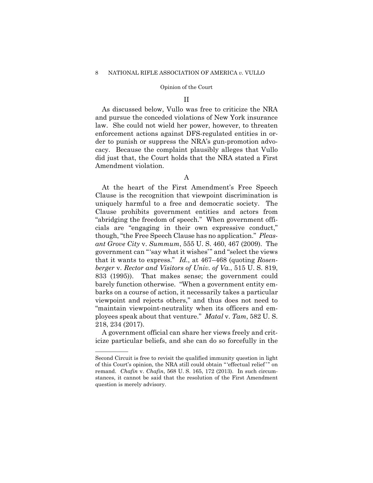 Page 8 of the slip opinion in NRA v. Vullo, showing Justice Sotomayor writing that a government official can criticize freely but cannot use the power of the State to suppress disfavored expression