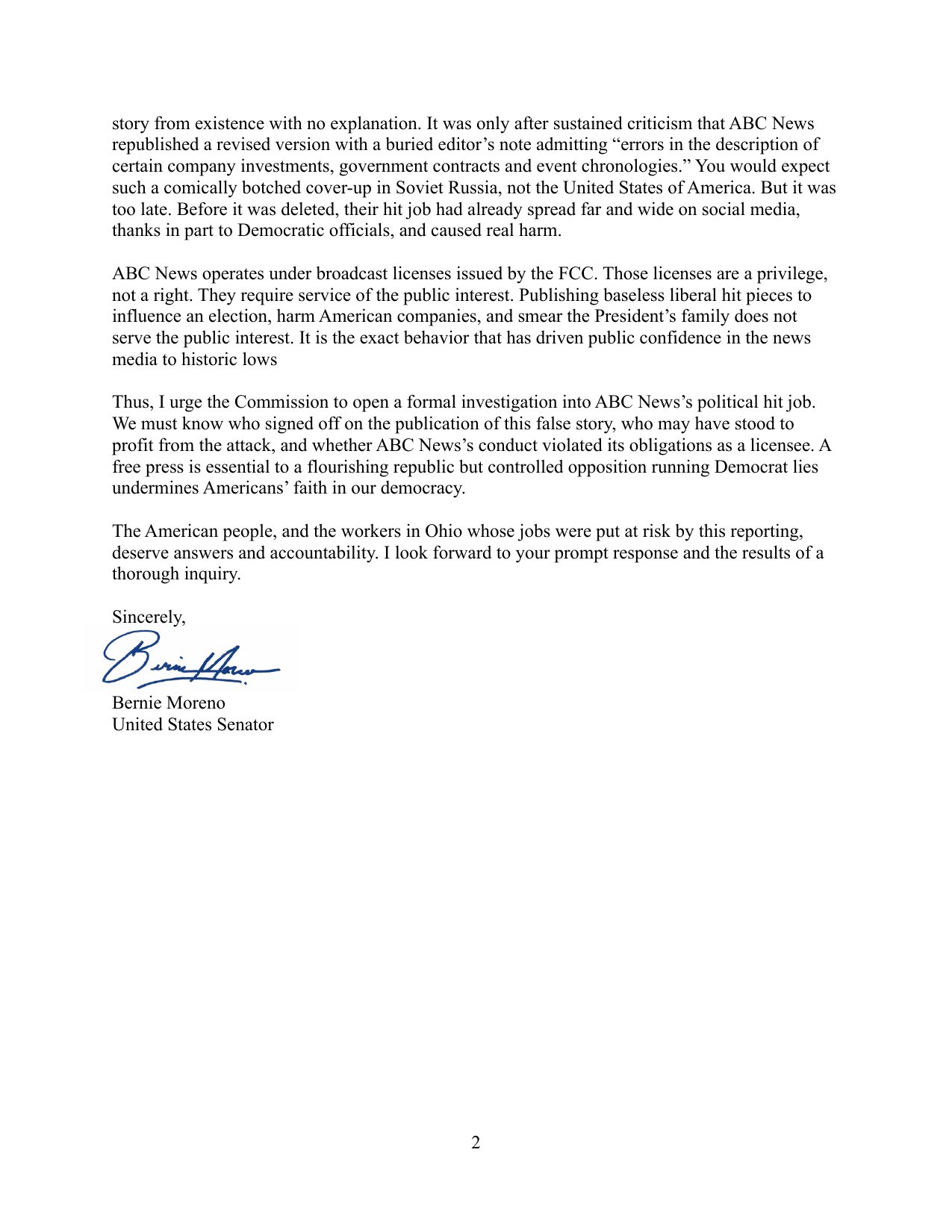 Page 2 of Sen. Bernie Moreno's October 10, 2026 letter asking the FCC to investigate ABC News
