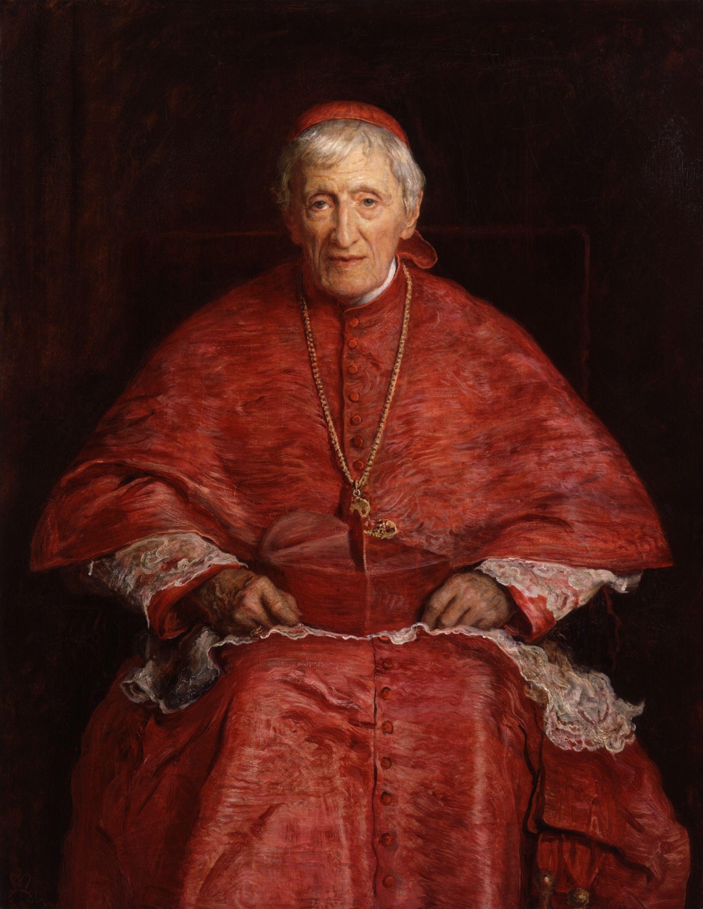 Portrait of Cardinal John Henry Newman seated in red cardinal's robes, painted by John Everett Millais in 1881