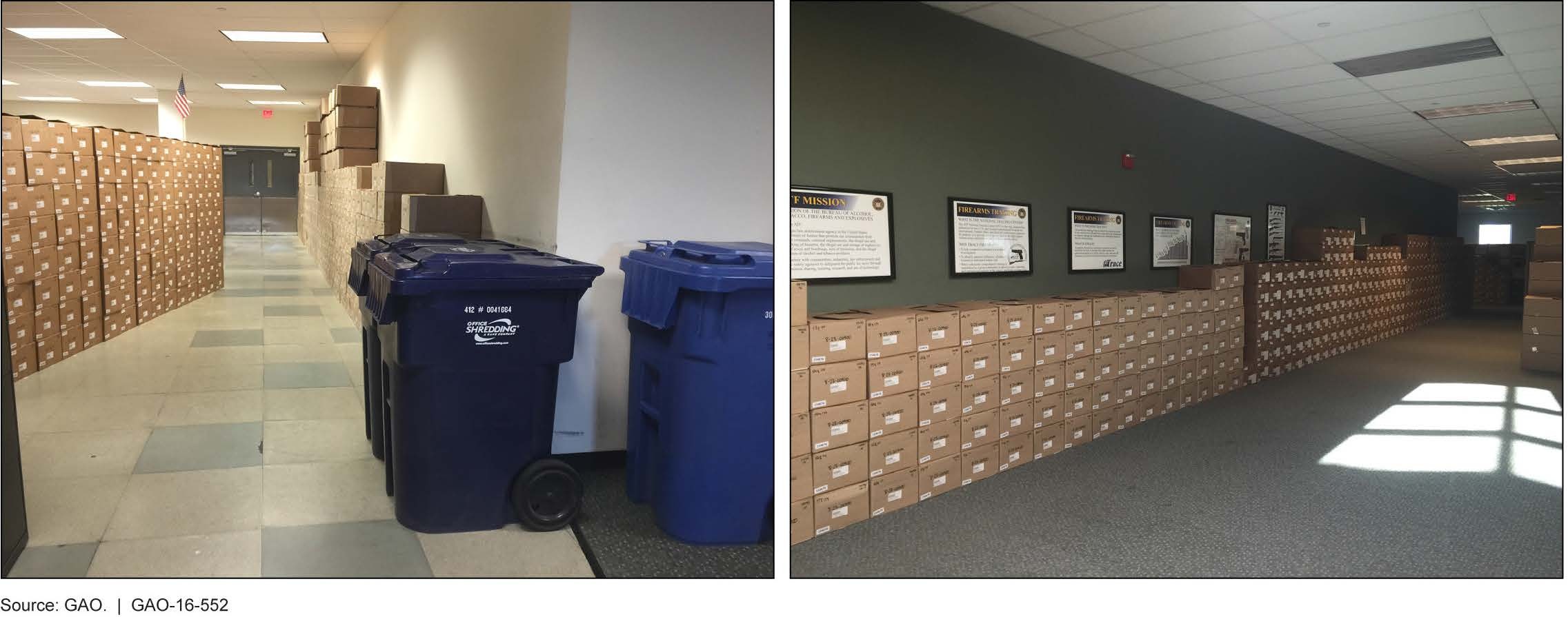 Two photographs of hallways at the ATF National Tracing Center in Martinsburg, West Virginia, stacked floor to shoulder height with cardboard boxes of out-of-business firearms dealer records