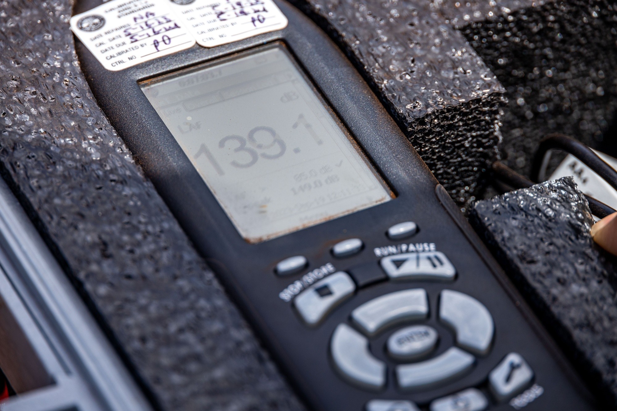 A sound meter reading 139.1 decibels at a Marine Corps range acoustic test