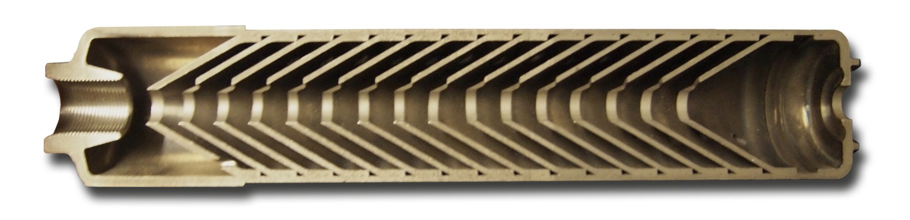 Cutaway view of a firearm suppressor showing its internal baffle stack