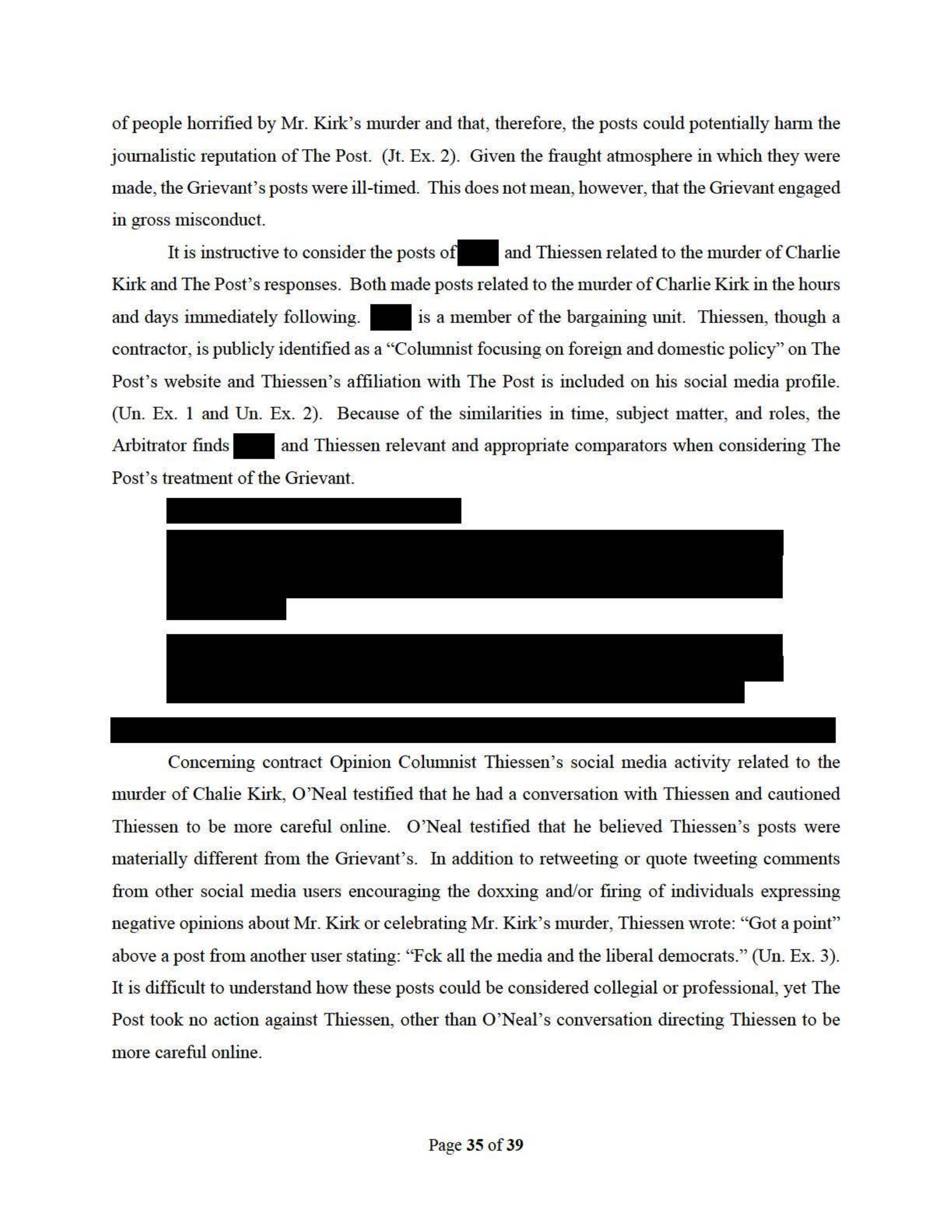 Page 35 of the redacted arbitration decision, containing the arbitrator's finding that the posts were ill-timed, with several redacted paragraphs blacked out