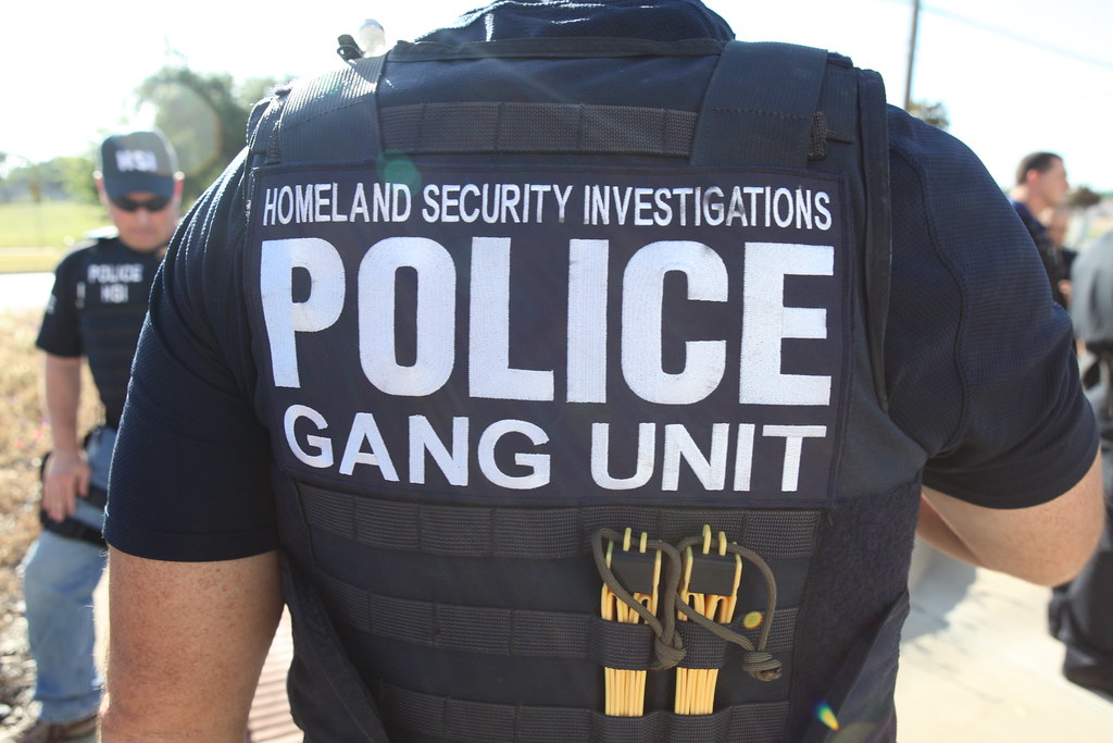 Close-up of a Homeland Security Investigations tactical vest reading Homeland Security Investigations, Police, Gang Unit