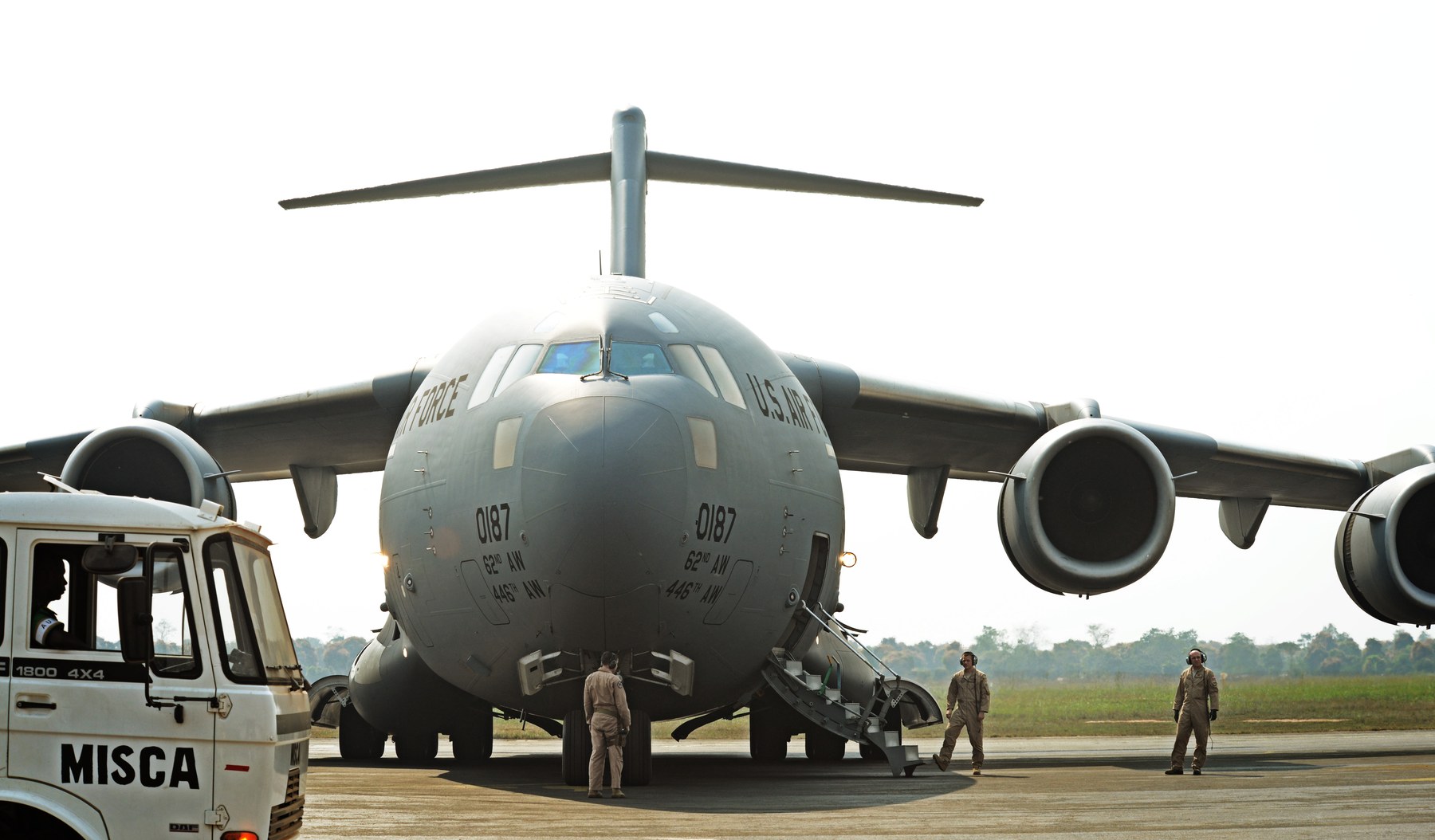 A U.S. Air Force C-17 Globemaster III parked on the ramp at Bangui M'Poko International Airport in the Central African Republic