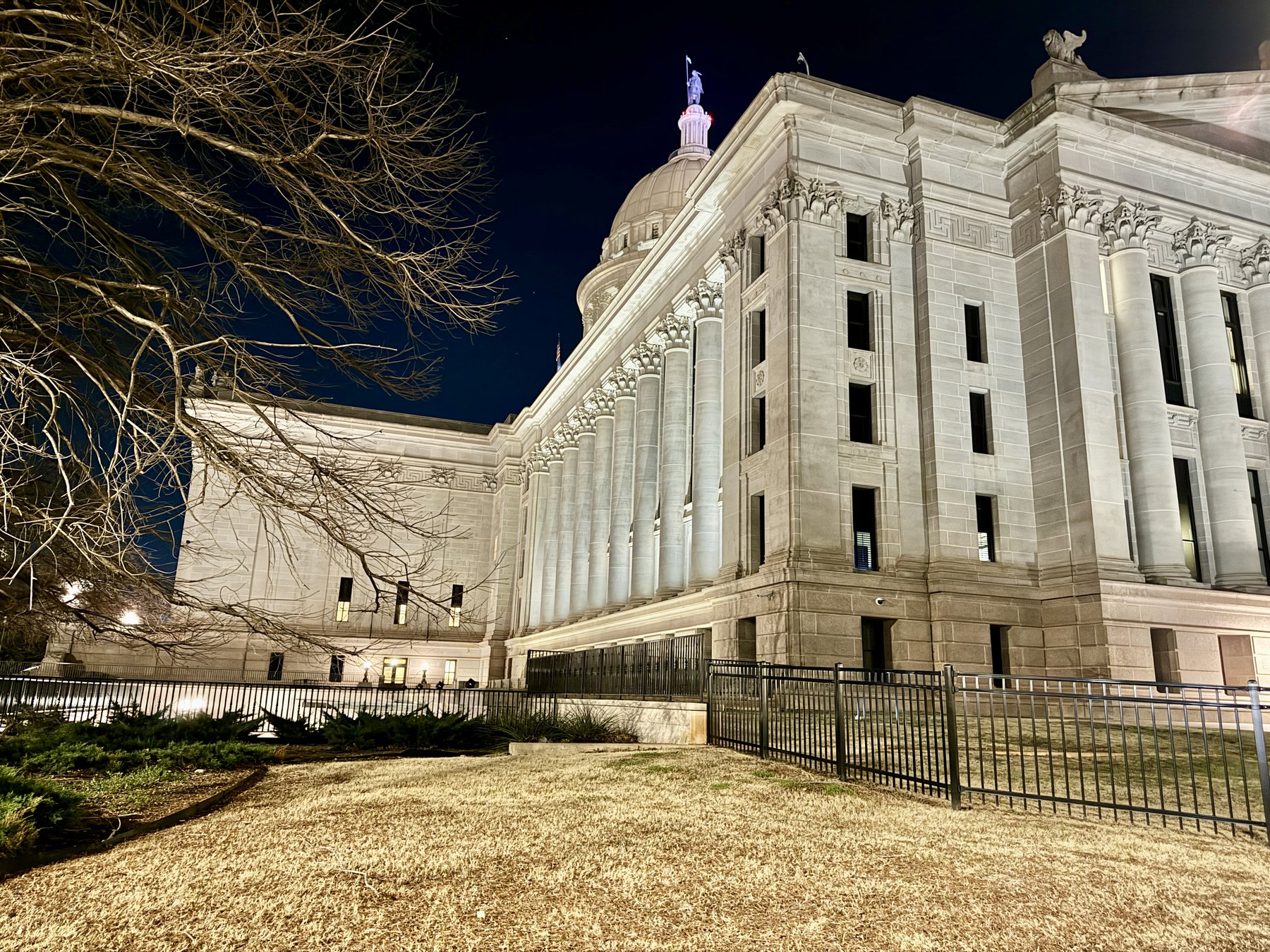 The Oklahoma State Capitol in Oklahoma City lit up at night