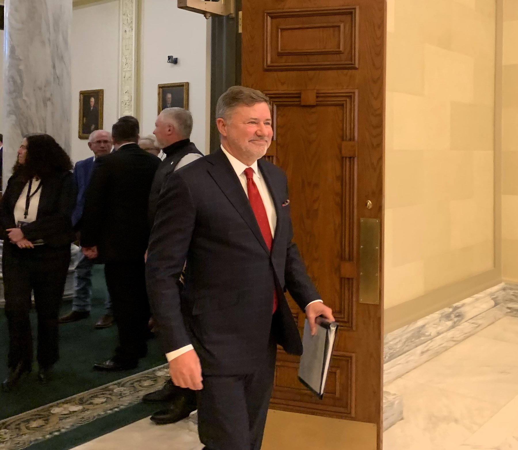 Oklahoma Attorney General Gentner Drummond leaving the Oklahoma Supreme Court chambers in April 2024 after arguing the St. Isidore Catholic charter school case