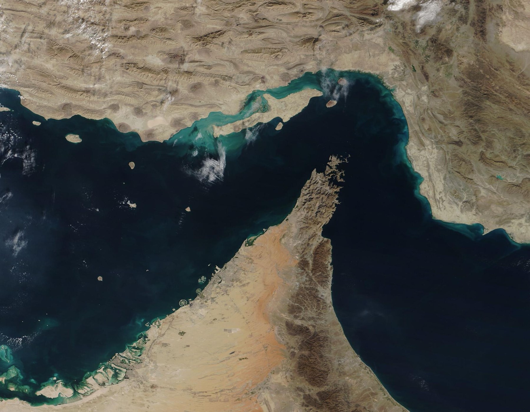 Satellite view of the Strait of Hormuz, the narrow waterway separating Iran from Oman and the United Arab Emirates