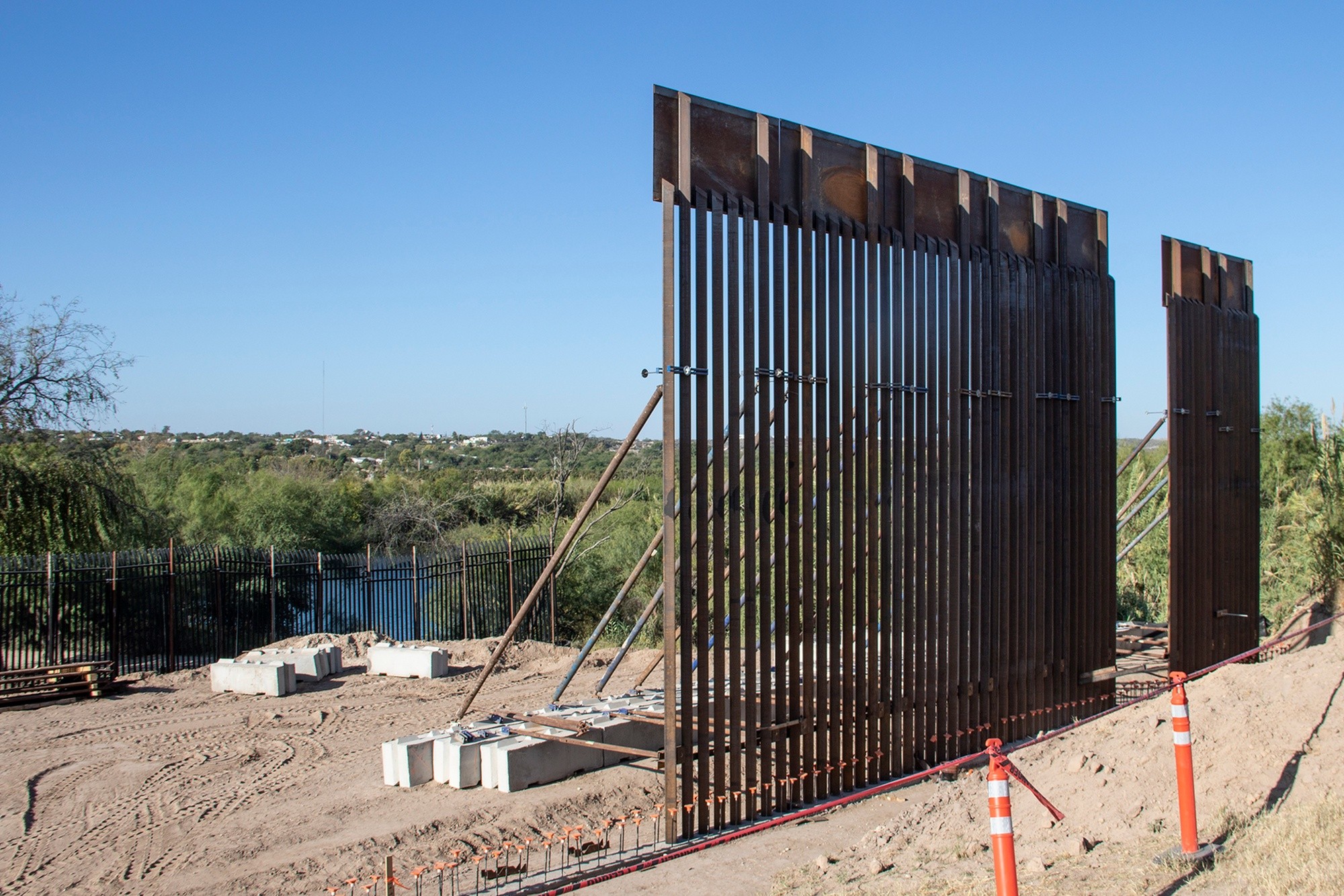 Bollard-style border barrier under construction near Del Rio, Texas