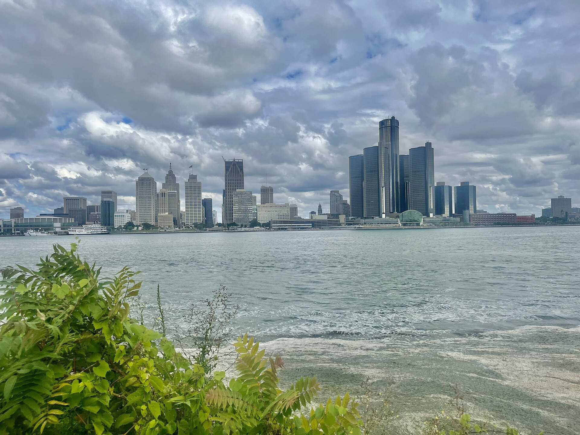 Detroit skyline and Renaissance Center seen across the Detroit River from Windsor, Ontario