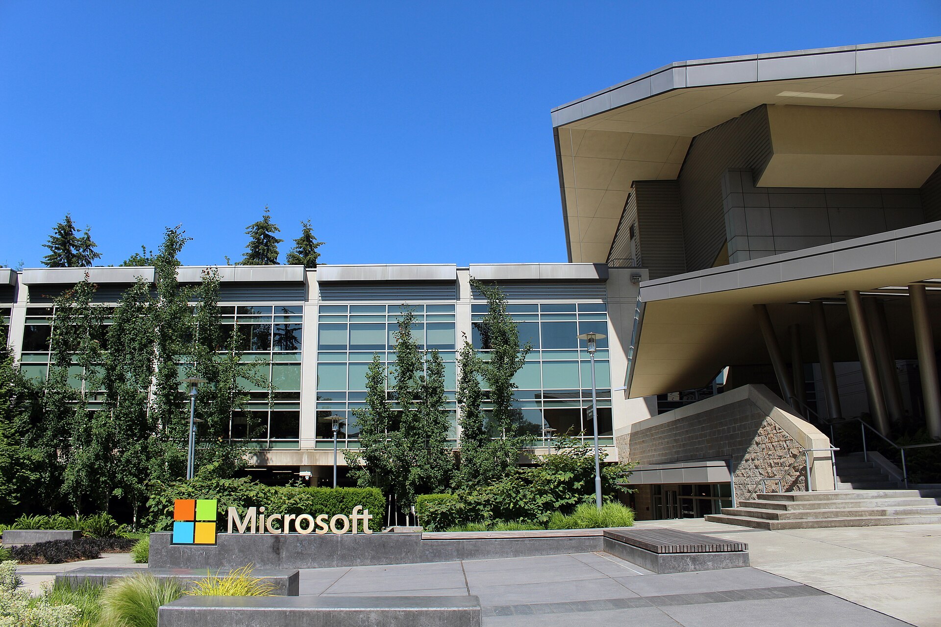 Microsoft sign outside Building 92 at the company's Redmond, Washington headquarters