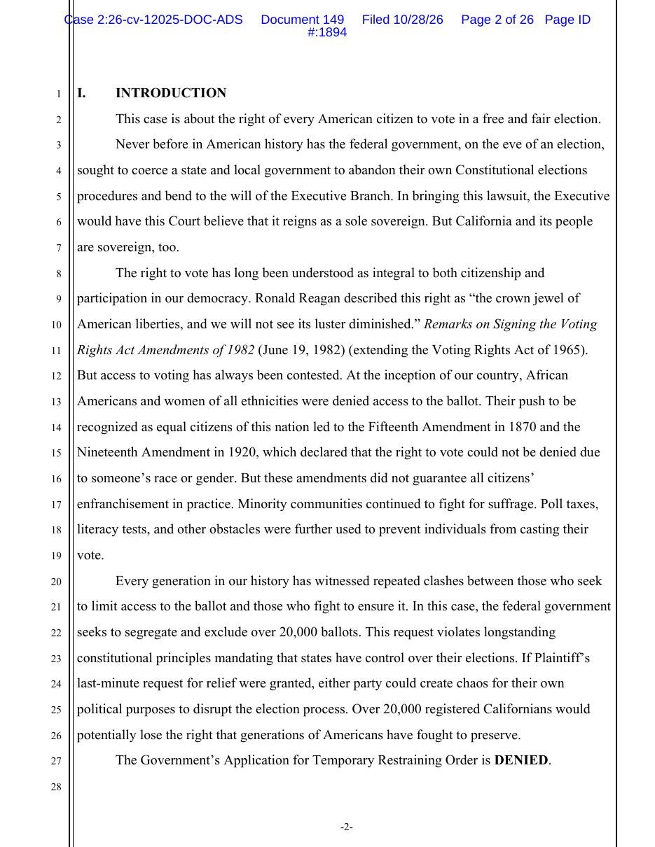 Page 2 of Judge Carter's Oct. 28, 2026 order denying the Justice Department's temporary restraining order in United States v. California
