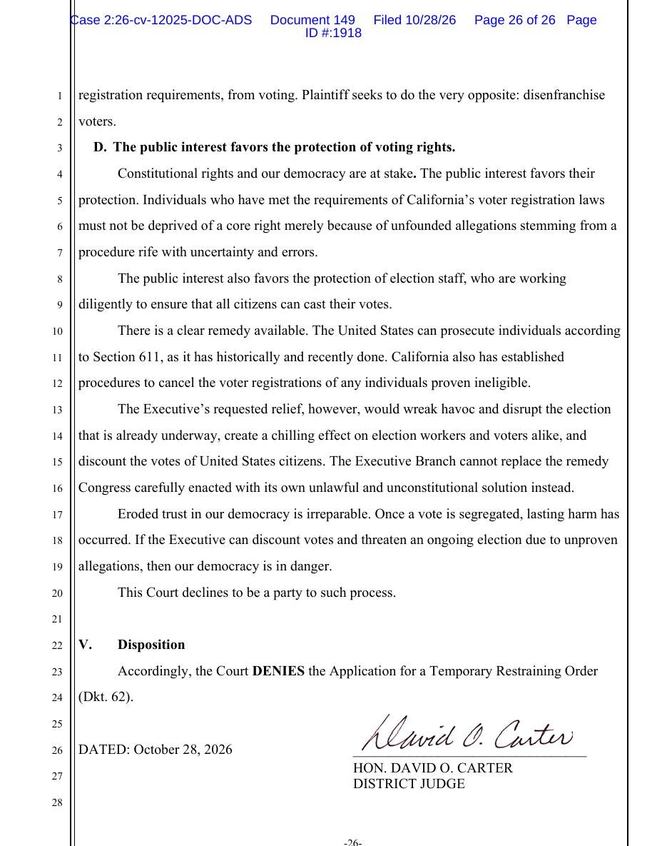 Page 26 of the Oct. 28, 2026 order, with the public interest section and the sentence about the clear remedy of Section 611 prosecutions