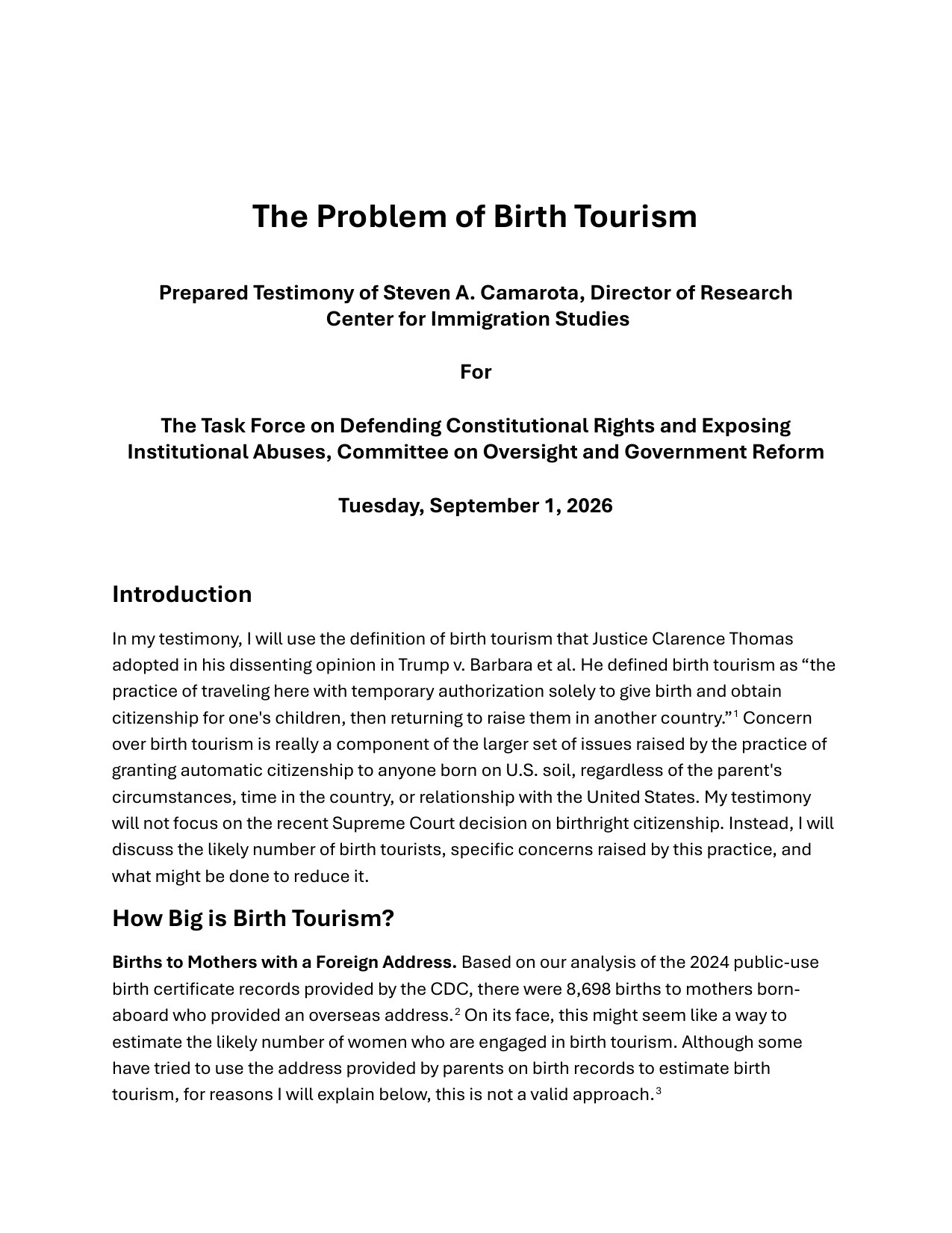 Page 1 of Steven Camarota's prepared written testimony, The Problem of Birth Tourism, dated September 1, 2026