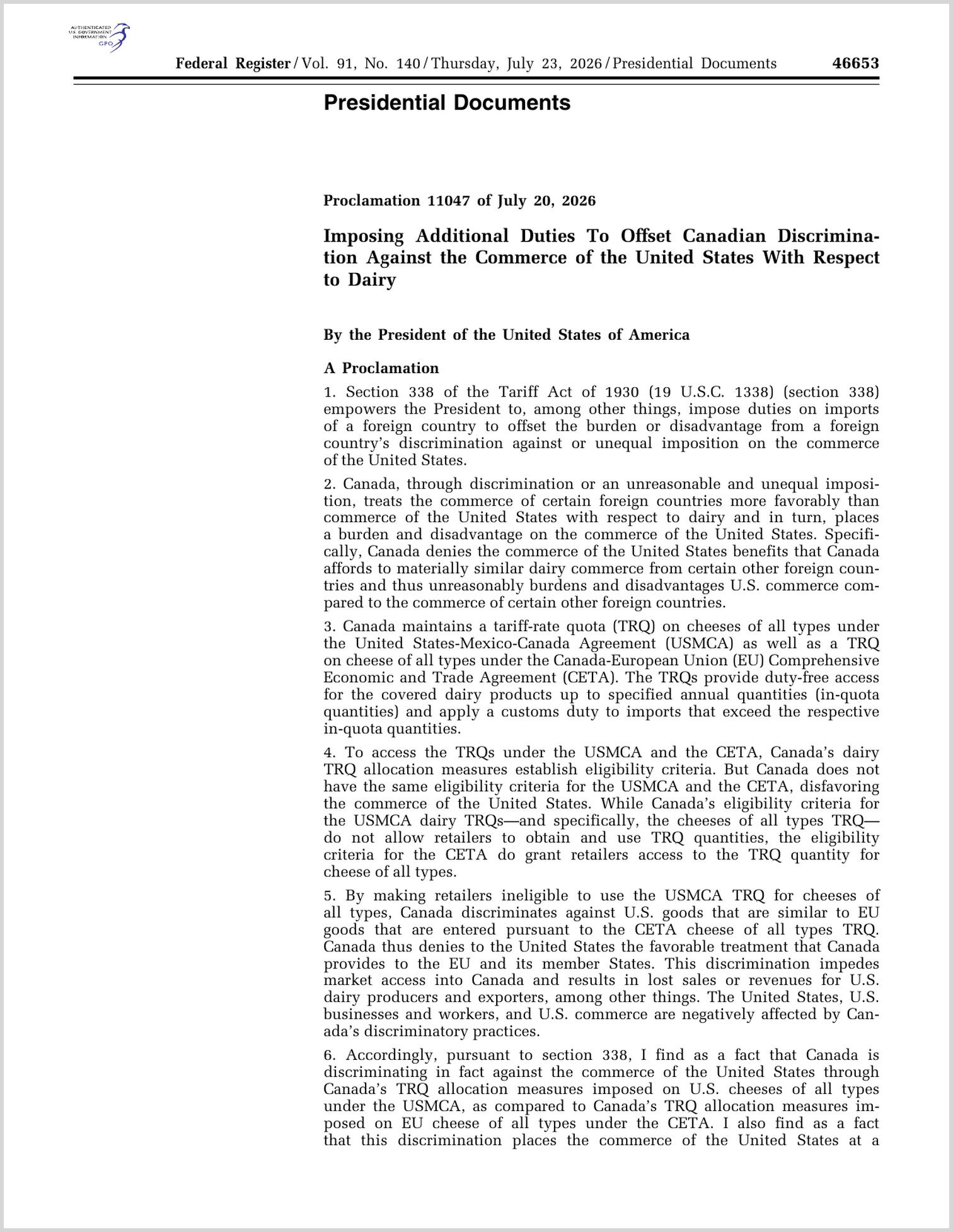 First page of Proclamation 11047 as printed in the Federal Register, Volume 91, Number 140, July 23, 2026