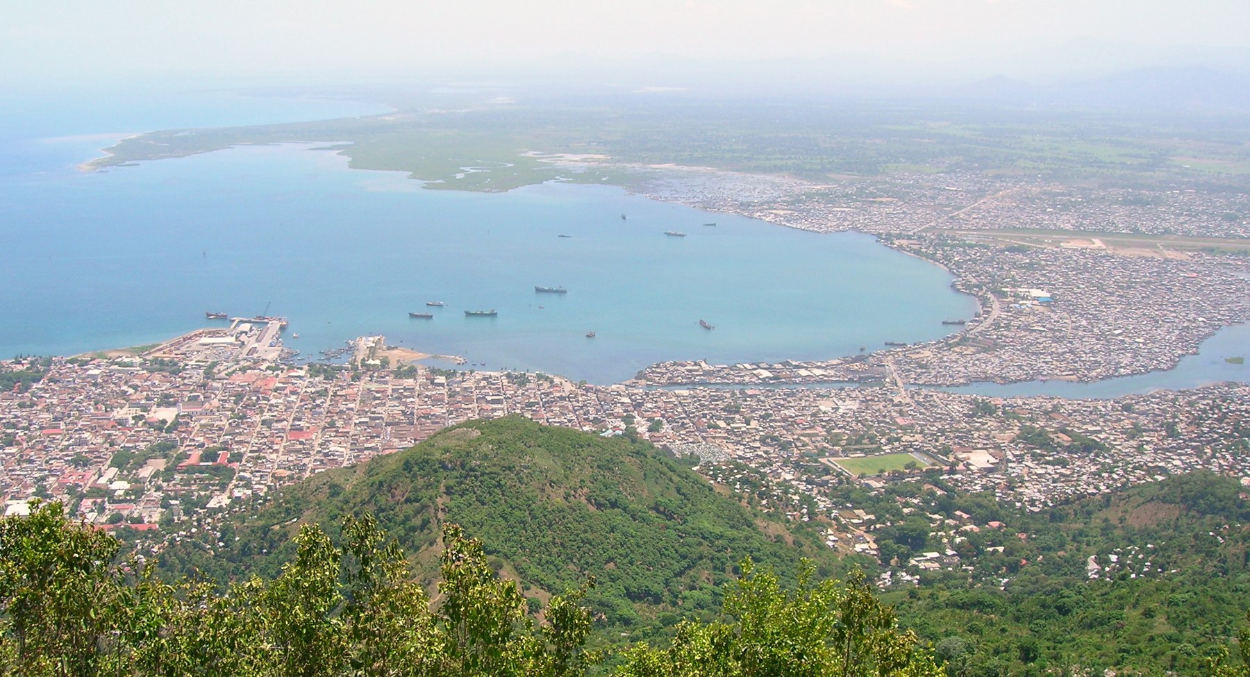 Aerial view of Cap-Haitien, Haiti, and its harbor seen from the Morne Jean hillside