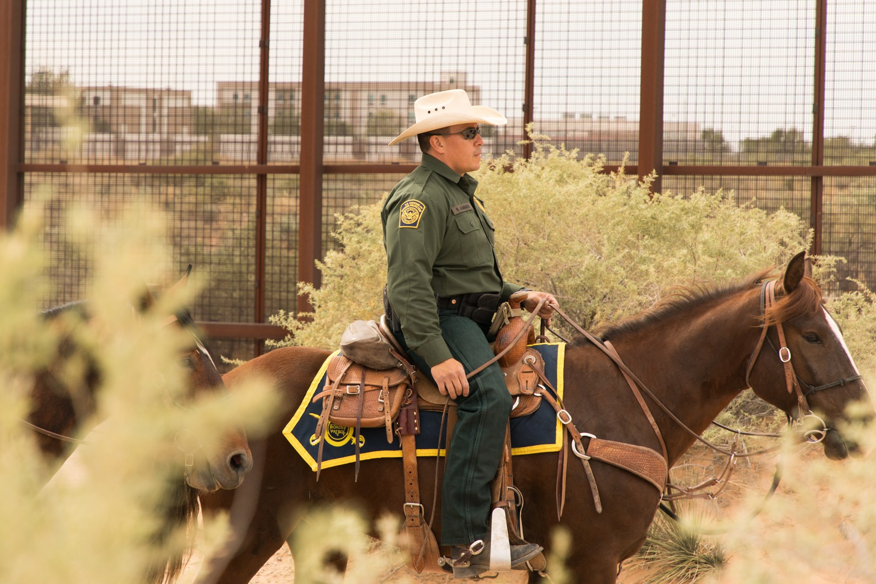 A U.S. Border Patrol agent on horseback beside a steel border fence in the El Paso Sector
