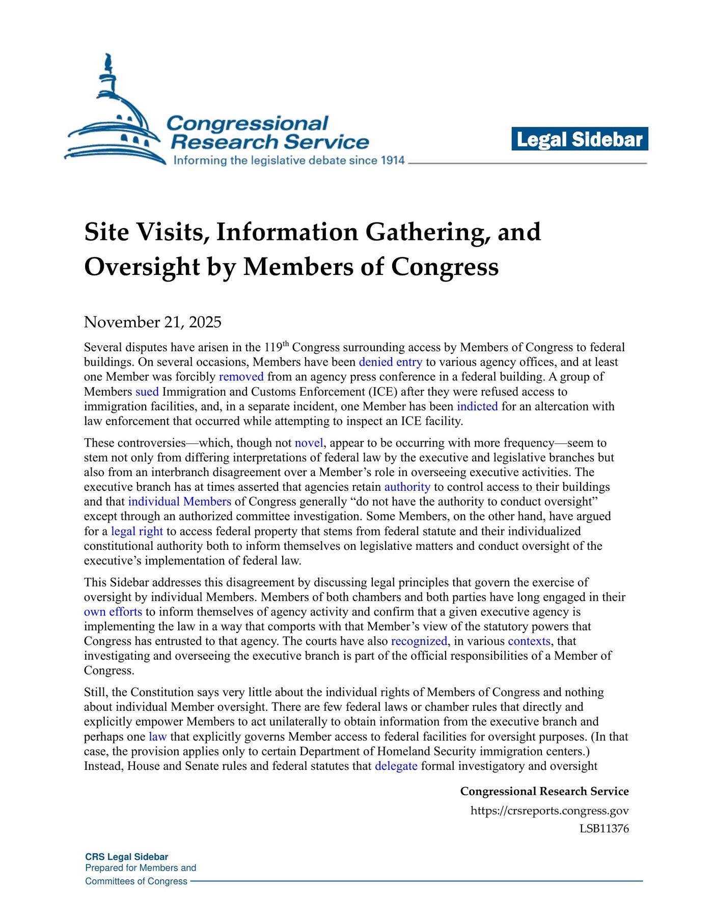 First page of Congressional Research Service Legal Sidebar LSB11376, Site Visits, Information Gathering, and Oversight by Members of Congress, dated November 21, 2025