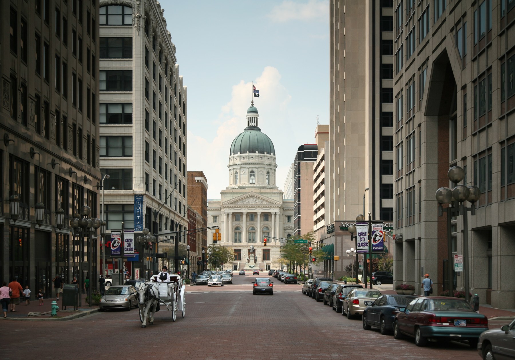 The Indiana Statehouse seen at the end of Market Street in downtown Indianapolis