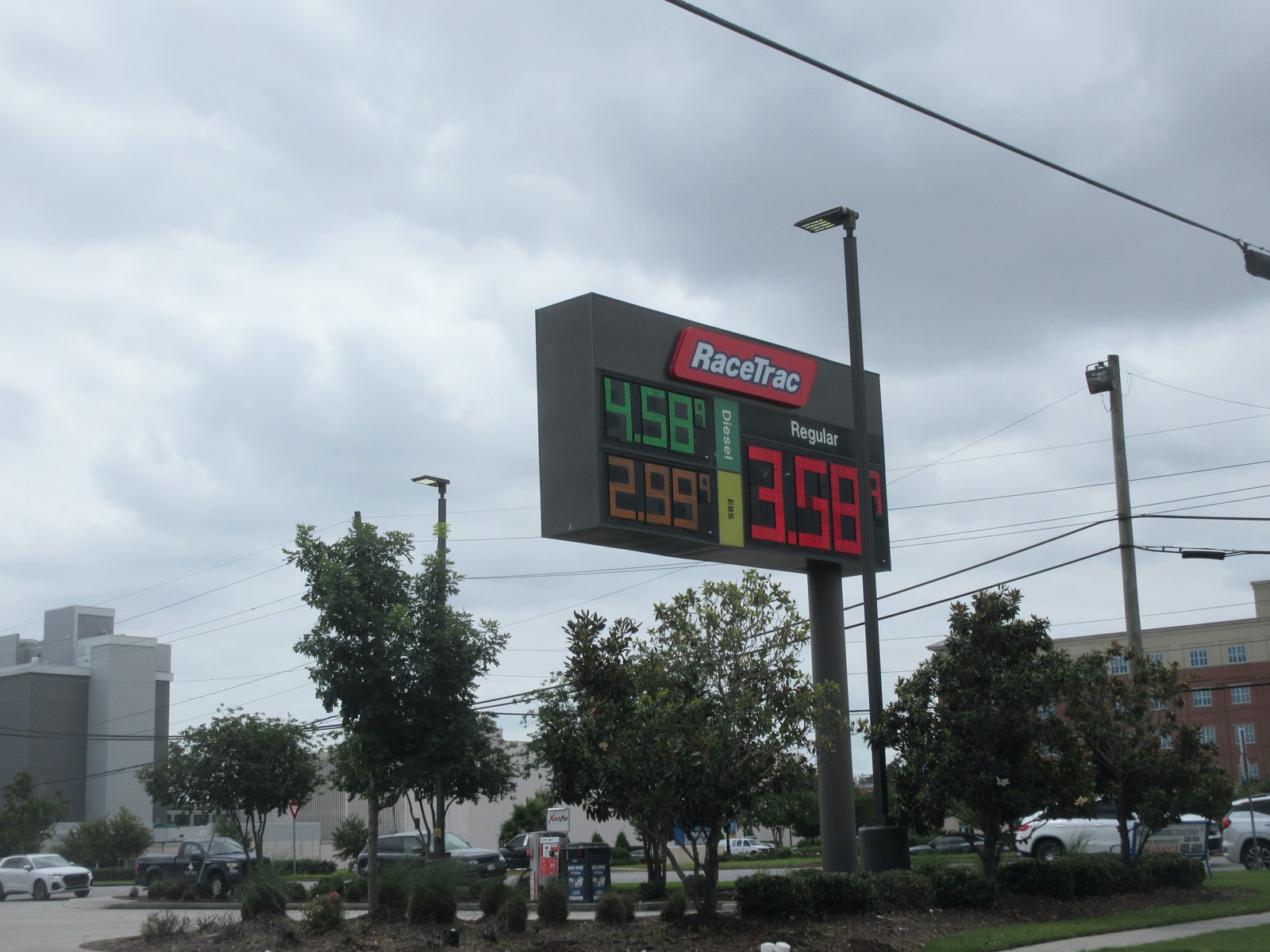 A RaceTrac gas station price sign in Jefferson Parish, Louisiana showing regular gasoline at $3.58 and diesel at $4.58