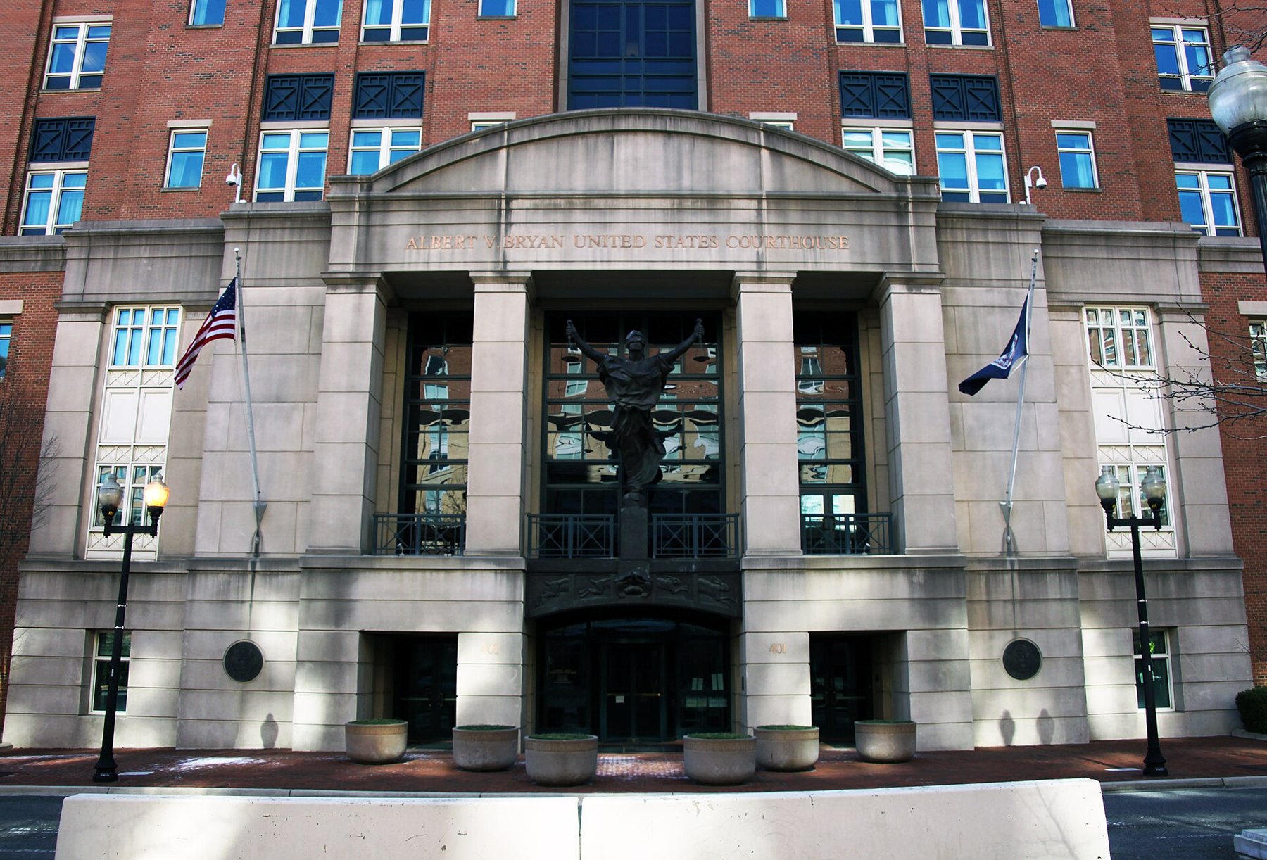 Entrance of the Albert V. Bryan United States Courthouse in Alexandria, Virginia