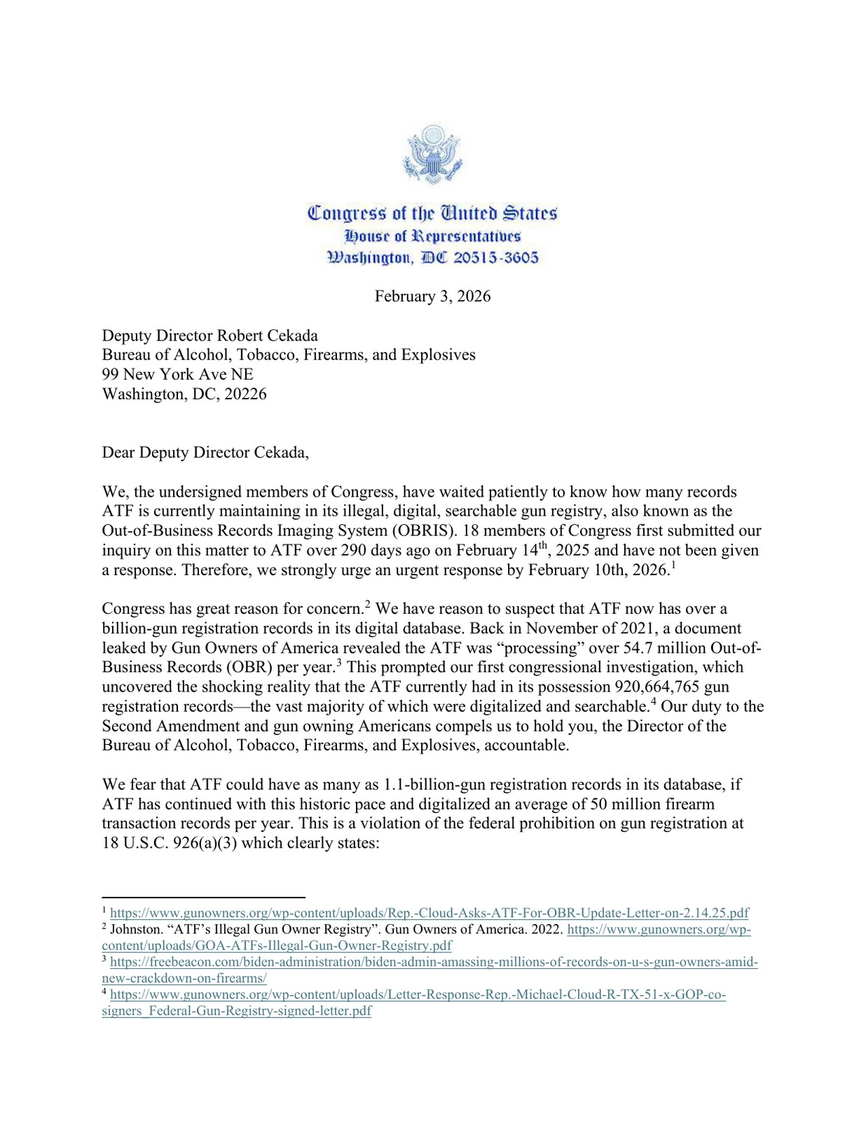 Page 1 of the February 3, 2026 letter from Rep. Michael Cloud and 26 members of Congress to ATF Deputy Director Robert Cekada about the Out-of-Business Records Imaging System
