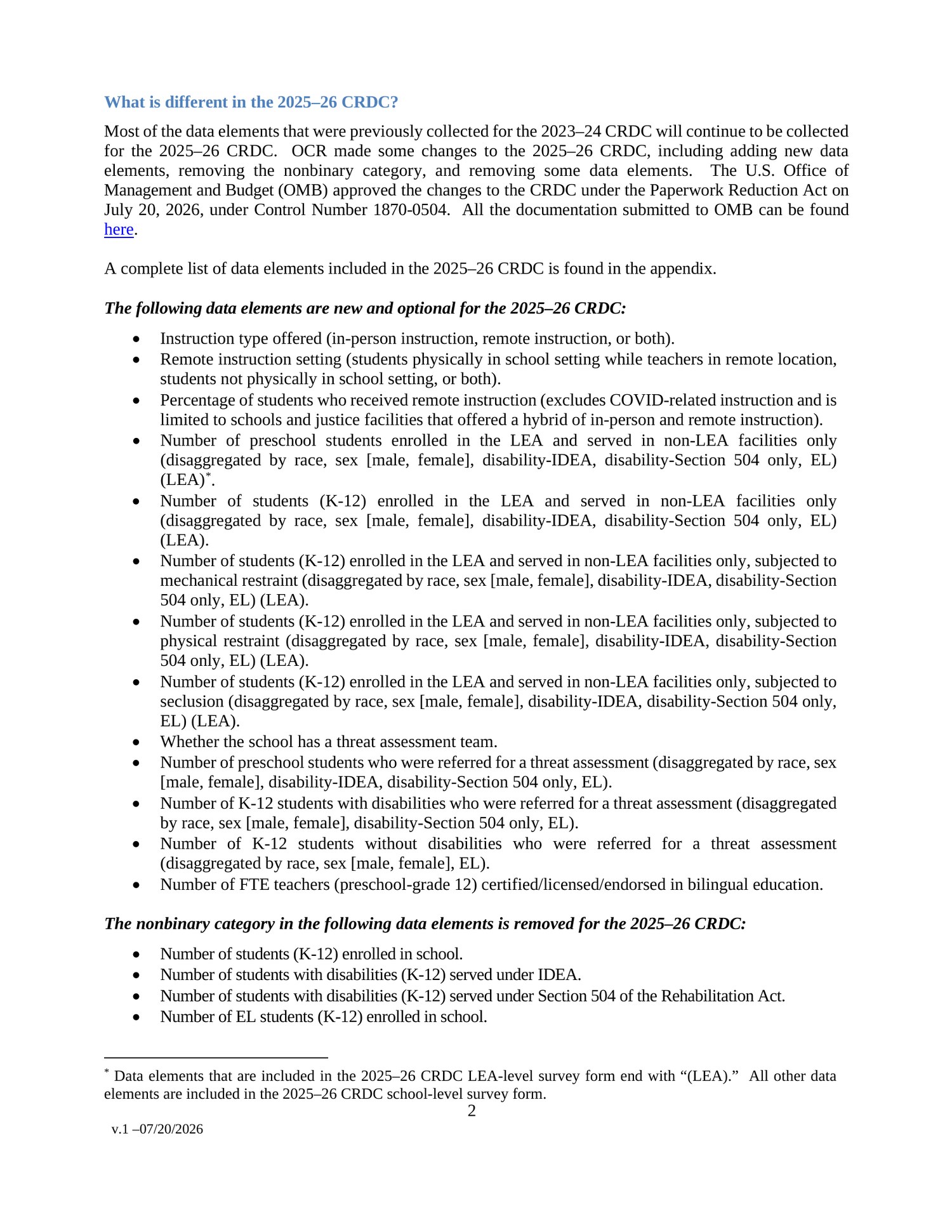 Page 2 of the Education Department's 2025-26 CRDC General Overview, Changes, and List of Data Elements, showing the thirteen new data elements