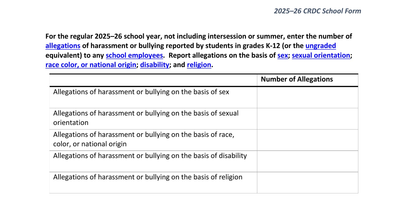 Item HIBS-1 of the 2025-26 CRDC school form, listing five rows for harassment or bullying allegations by sex, sexual orientation, race color or national origin, disability, and religion