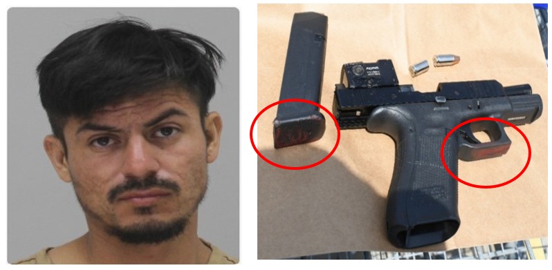 Booking photo of Jose Santiago Pantoja-Morales next to the recovered handgun and magazine, released by federal prosecutors
