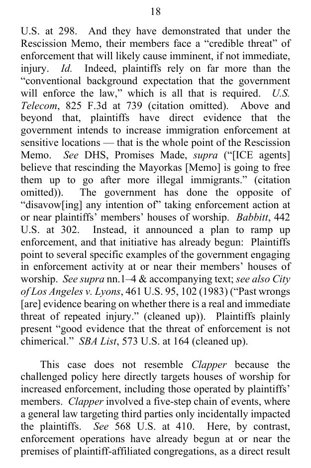 Page 18 of the D.C. Circuit opinion, with the passage quoting DHS that rescinding the Mayorkas Memo would free ICE agents up to go after more illegal immigrants