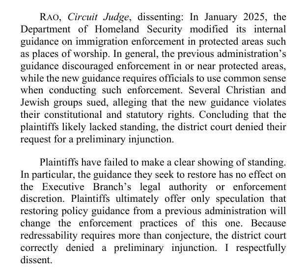 Opening page of Judge Neomi Rao's dissent in Mennonite Church USA v. DHS