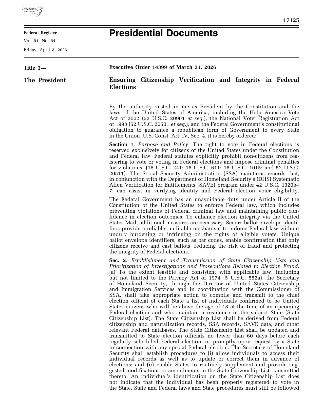 First Federal Register page of Executive Order 14399, Ensuring Citizenship Verification and Integrity in Federal Elections, March 31 2026