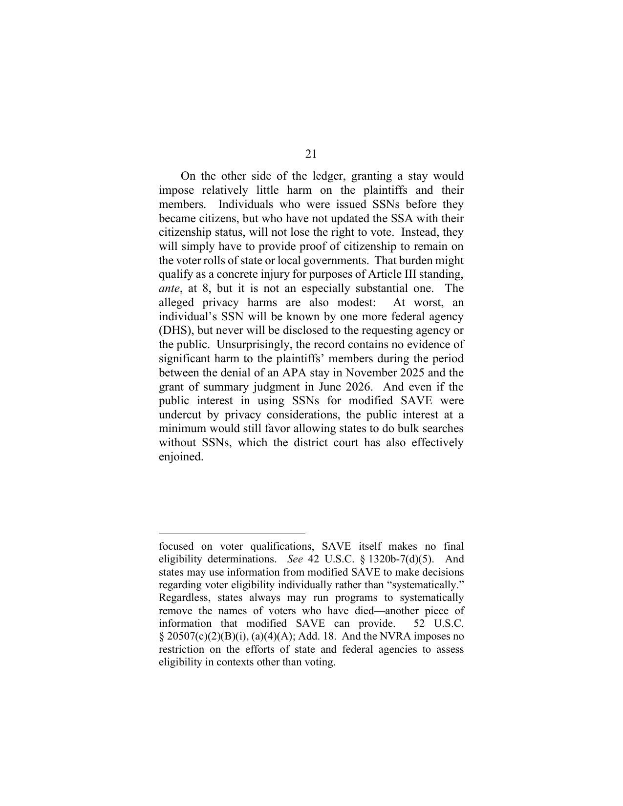 Page 21 of Judge Gregory Katsas's dissent, showing the continuation of footnote 4 on death-based voter removals