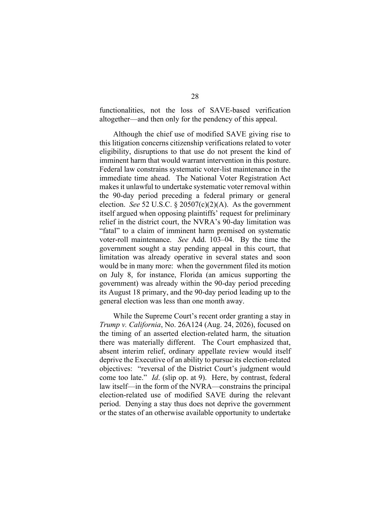 Page 28 of the D.C. Circuit per curiam statement in League of Women Voters v. DHS, discussing the National Voter Registration Act 90-day period