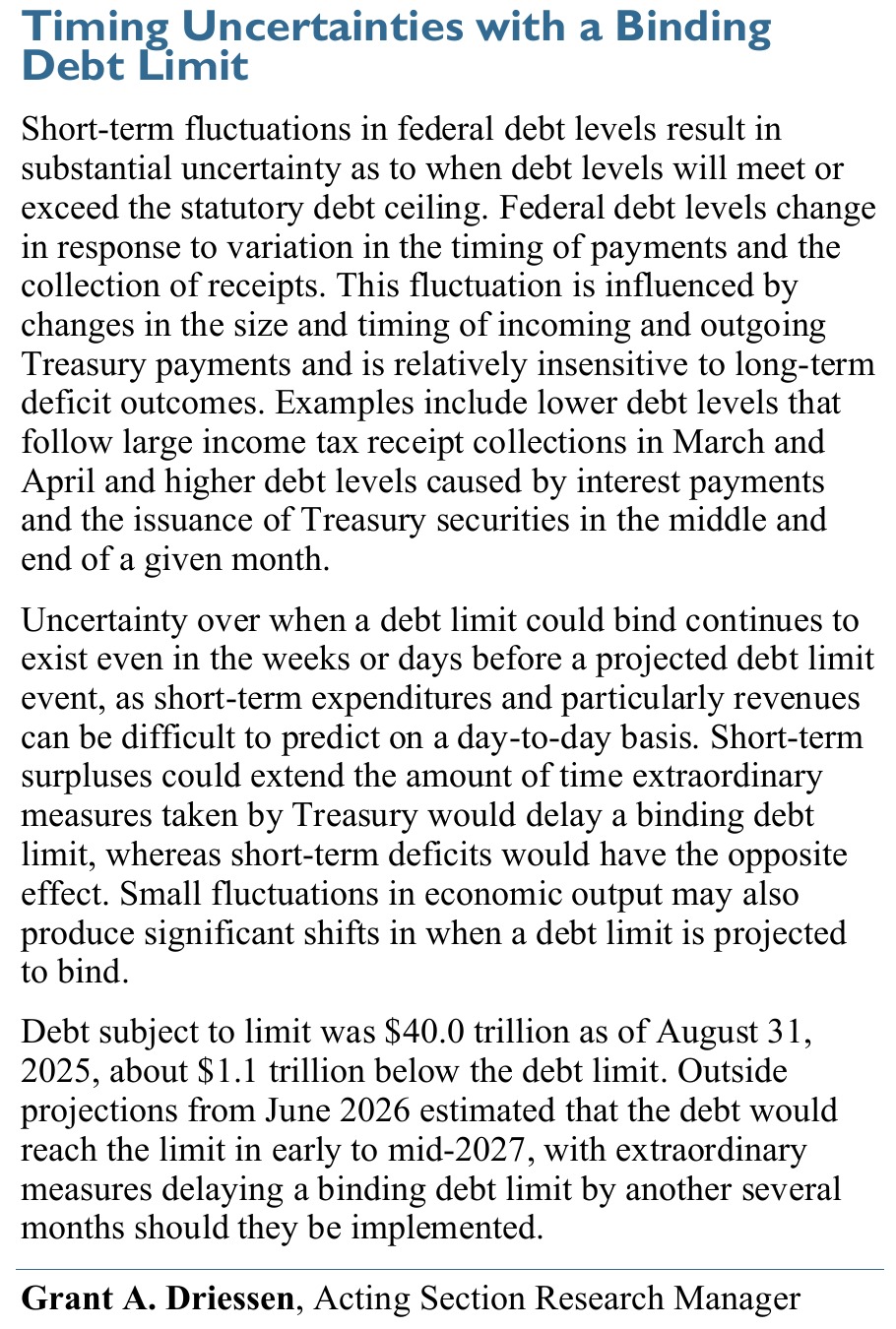 Excerpt from a Congressional Research Service report on the debt limit saying outside projections show the debt reaching the limit in early to mid-2027
