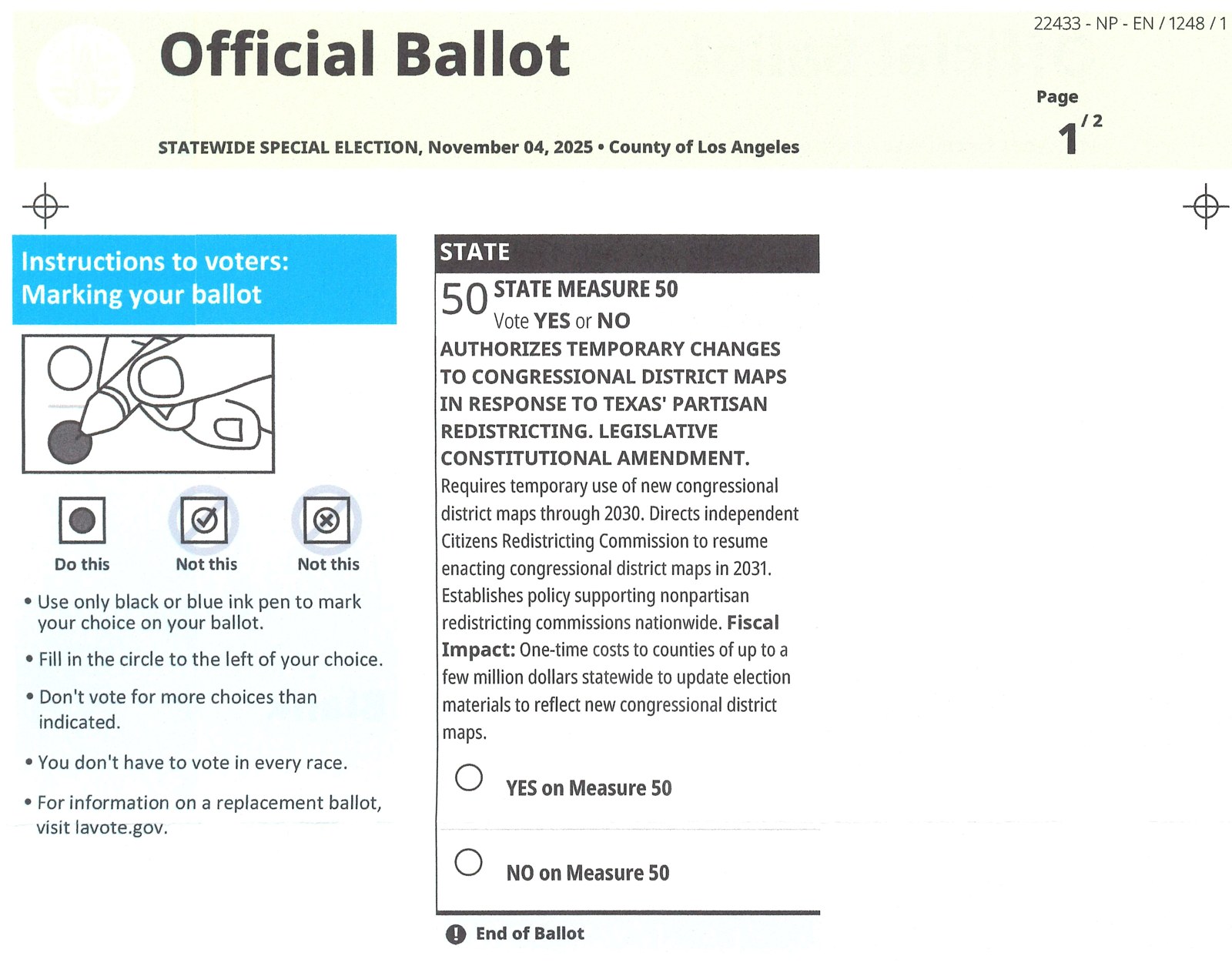 Sample California special election ballot mailed to Los Angeles County voters in 2025