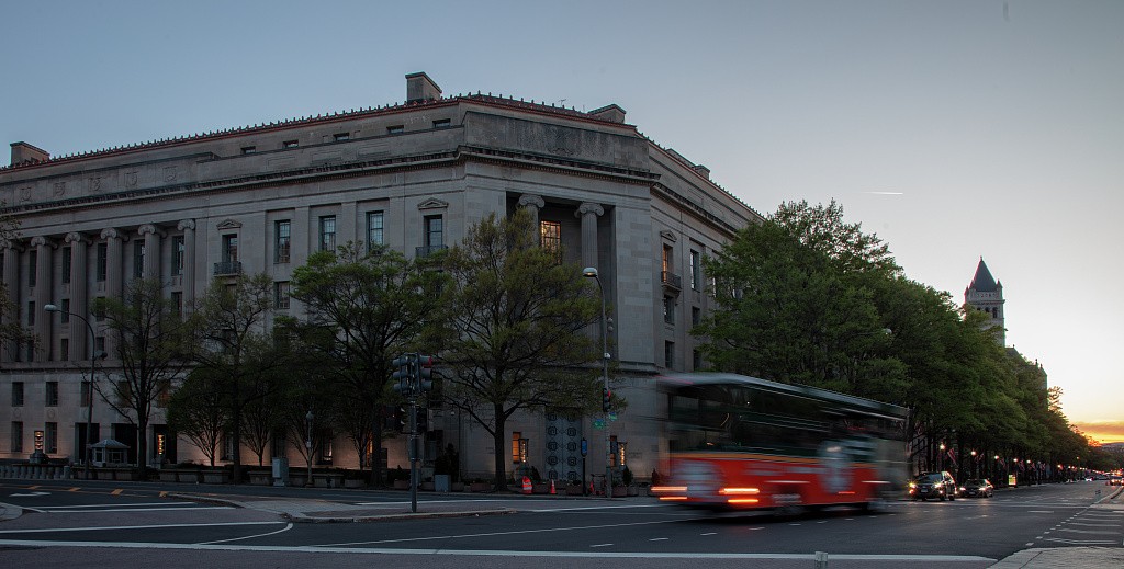 The Robert F. Kennedy Department of Justice Building in Washington, D.C., at dusk