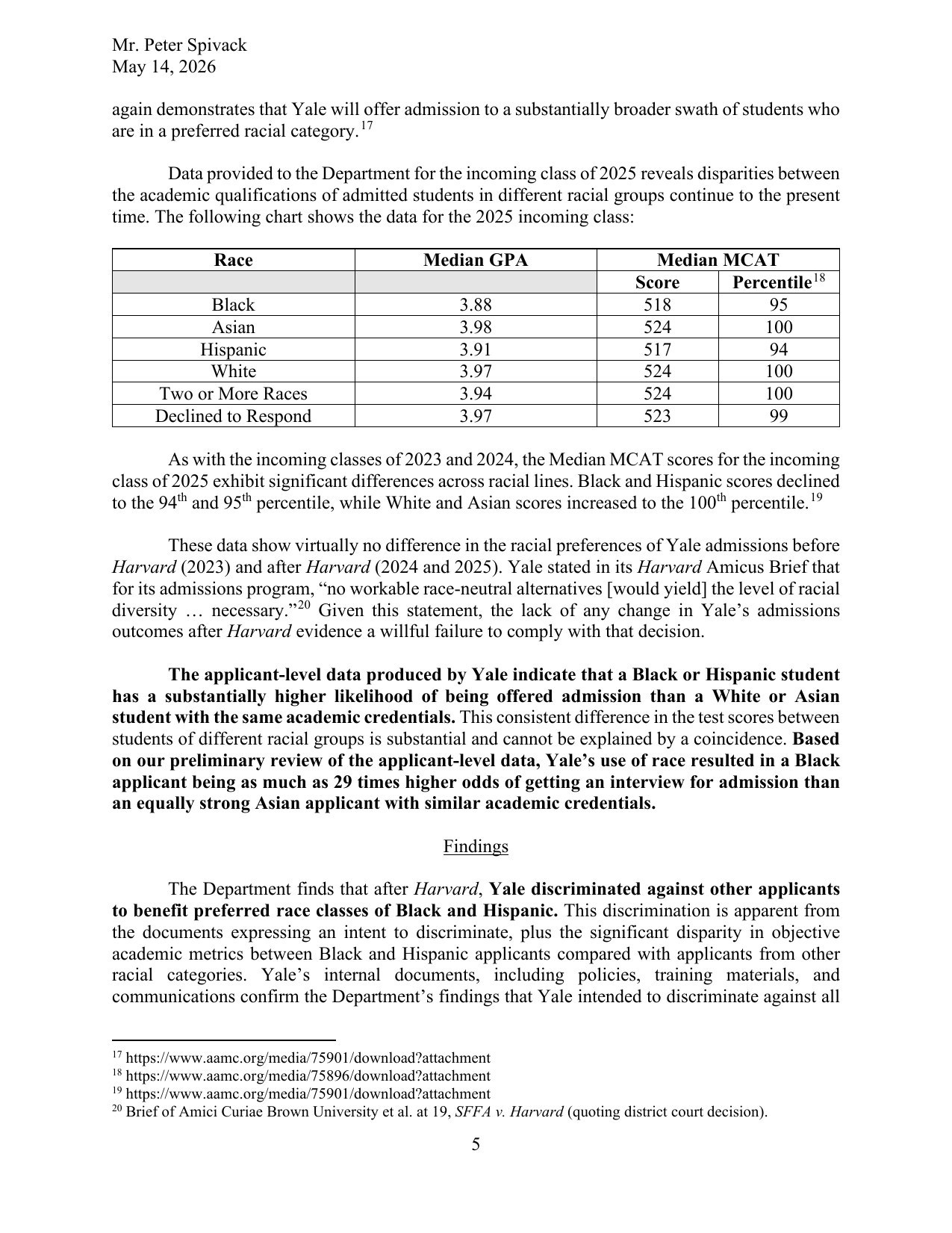 Page 5 of the Justice Department's May 14, 2026 letter of findings on Yale School of Medicine admissions