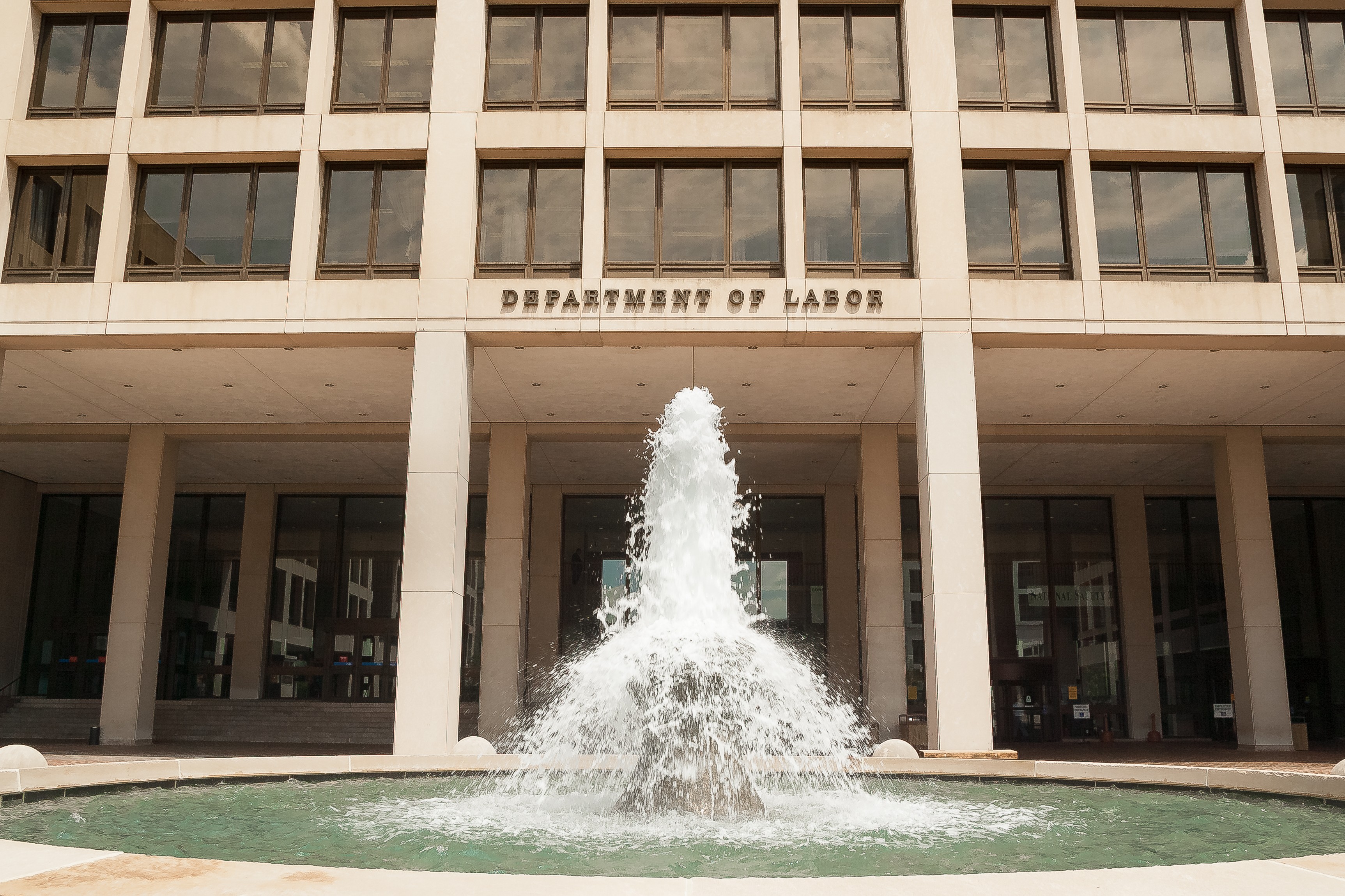 Entrance of the Frances Perkins Building, headquarters of the U.S. Department of Labor, in Washington, D.C.